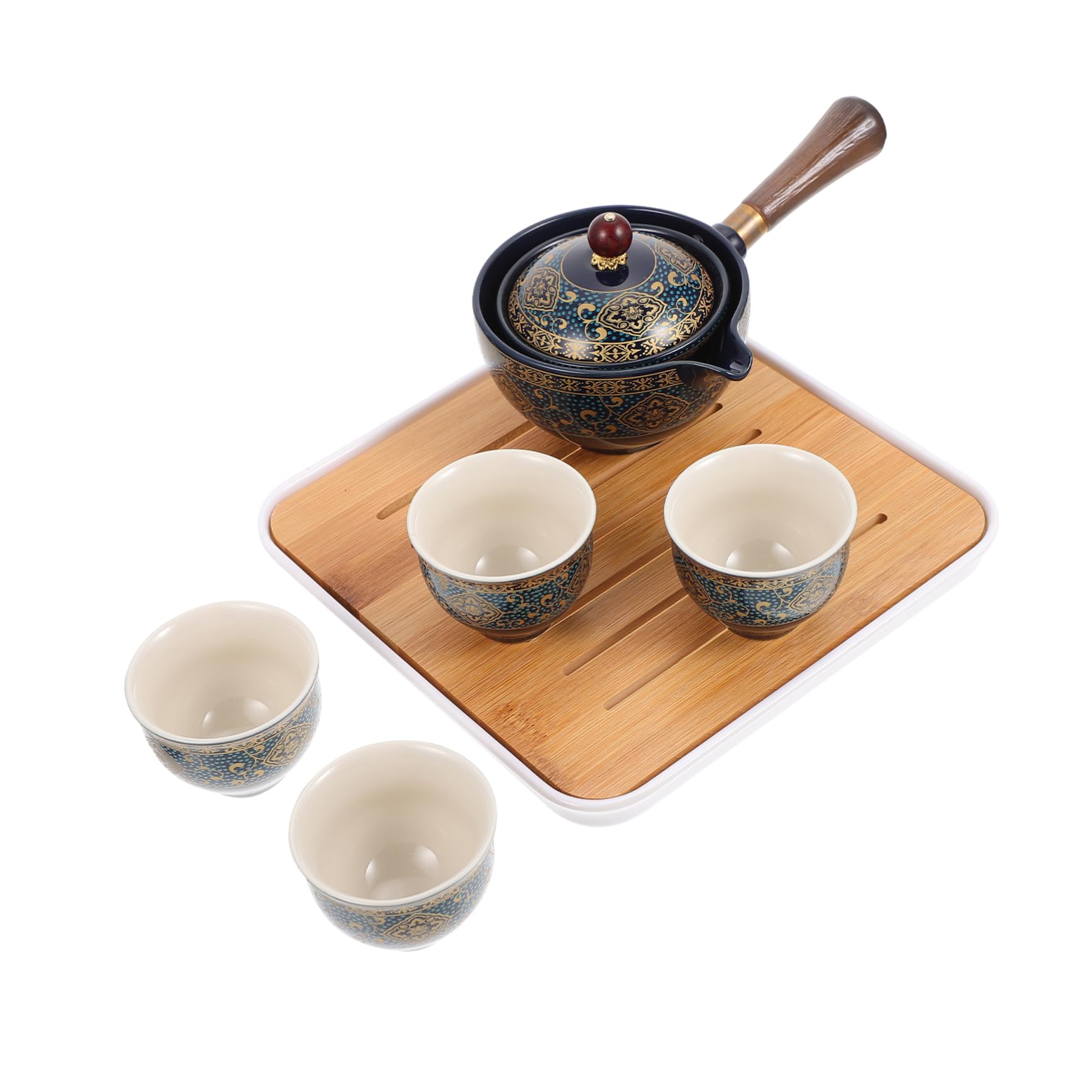 Cabilock Kung Fu Teegeschirr Blau, 1 Teekanne und 4 Tassen, Holz