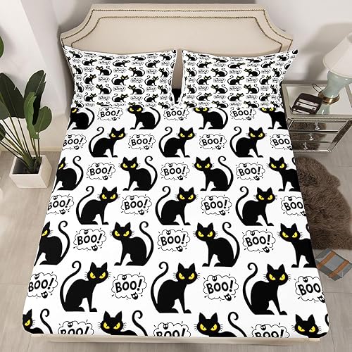 Juego de sábanas bajeras con bonito diseño de gato negro para niños y niñas, diseño de dibujos animados de Halloween, gato, animales, sábanas,