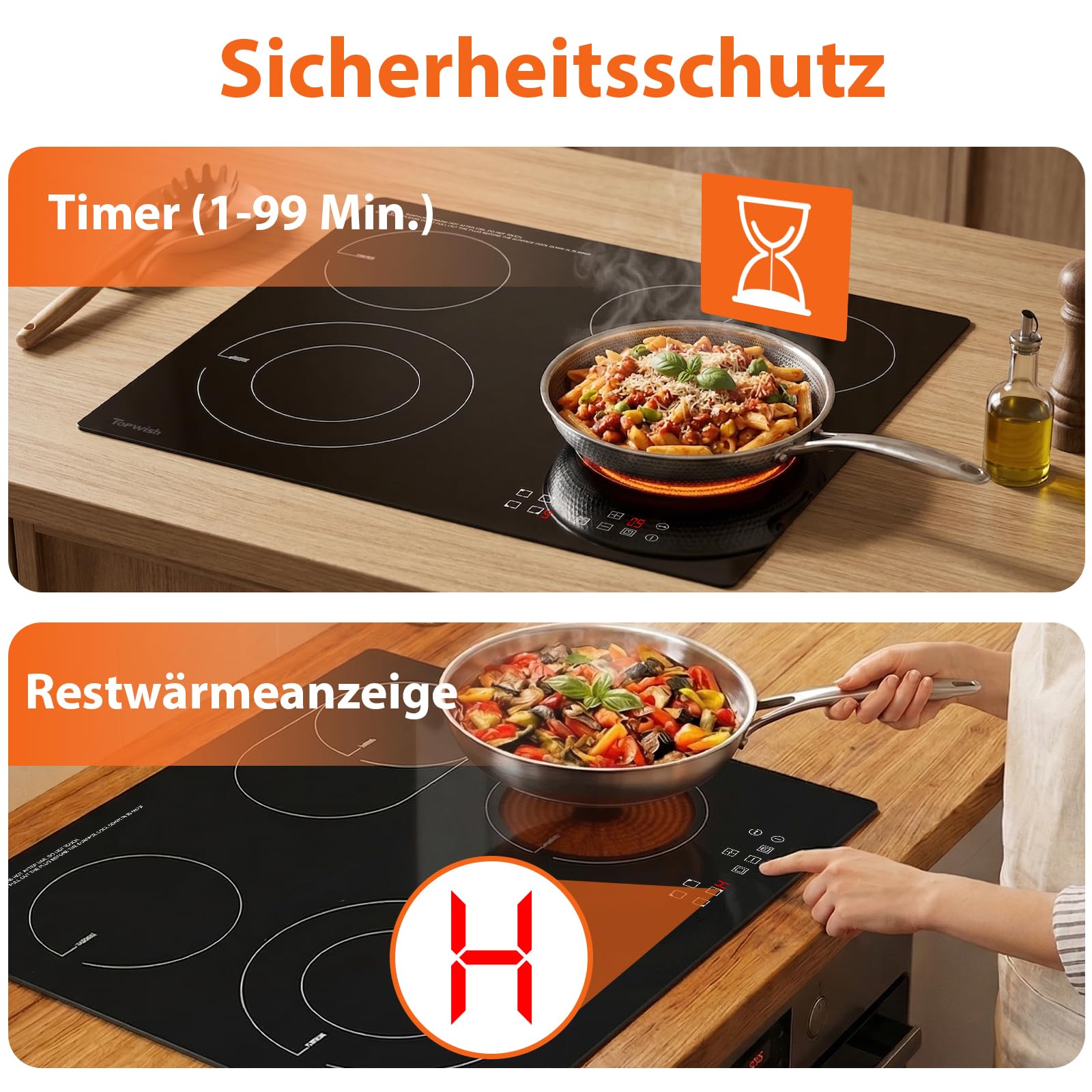 Topwish Glaskeramikkochfeld 4 Platten 60cm 6600W Elektroherd mit Kindersicherung Restwärmeanzeige Timer