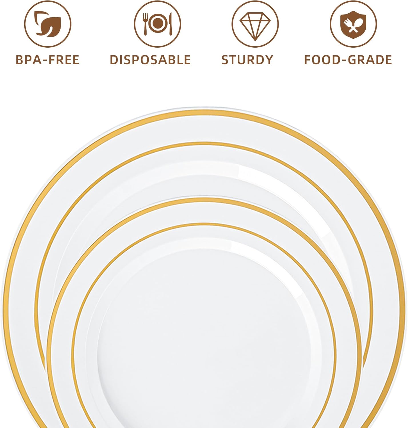 200PCS White Plastic Plates with Gold Rim, Disposable Heavy Duty Plastic Plate, 100 Dinner and 100 Dessert Plates for Party and Wedding - Image 3
