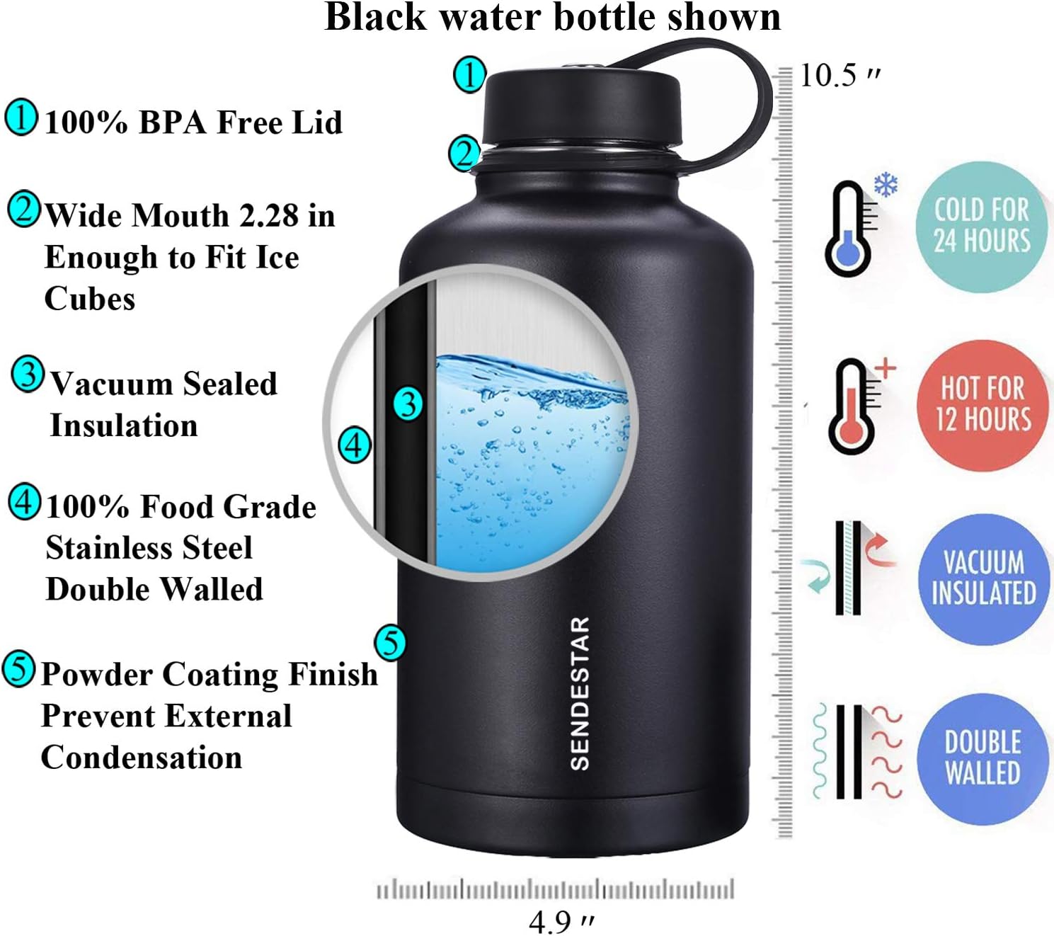 SENDESTAR Stainless Steel Water Bottle-12oz, 24oz, 40oz or 64oz with New Straw Lid or Spout Lid Keeps Liquids Hot or Cold with Double Wall Vacuum Insulated Bottle (64 oz-Black) : Sports & Outdoors
