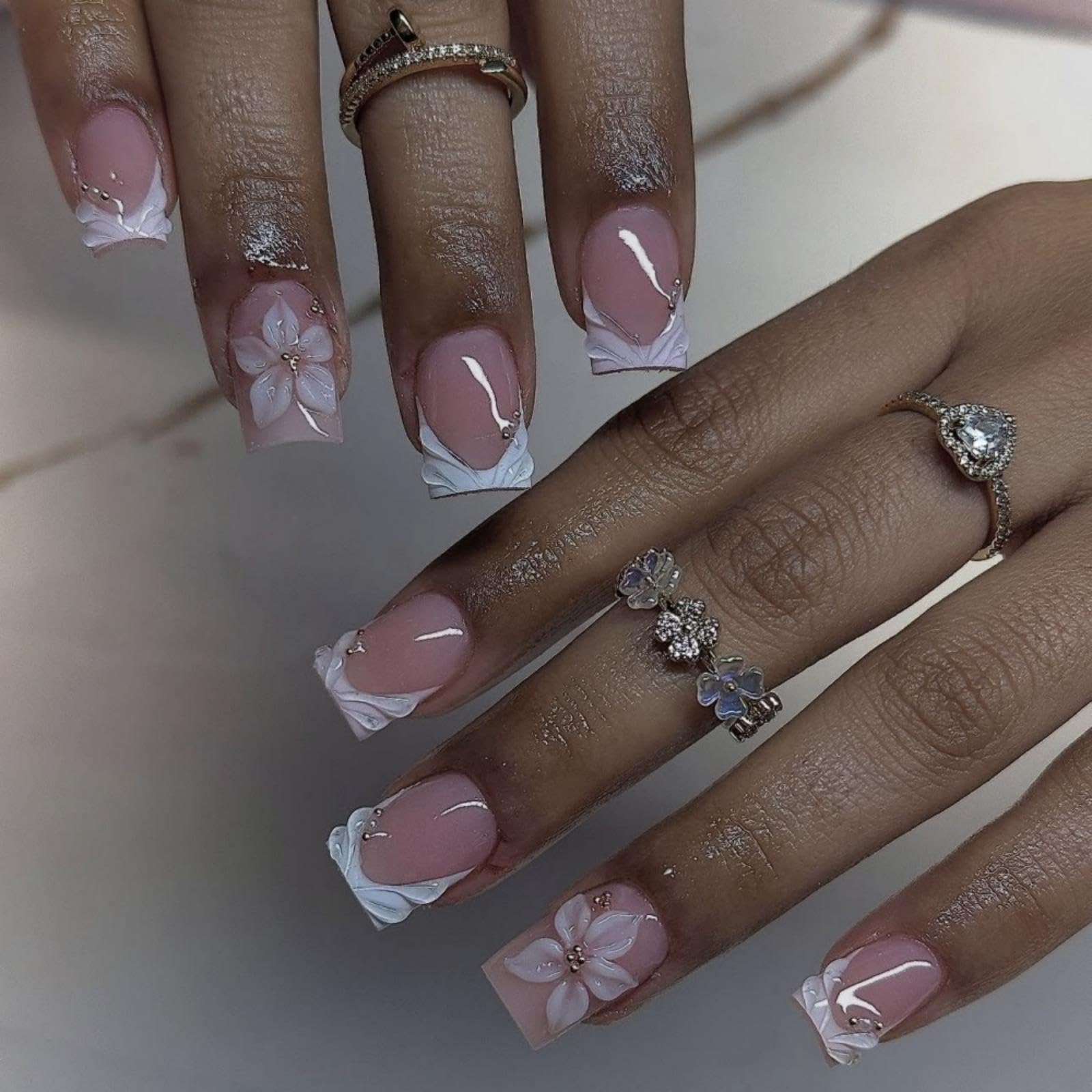 Photo 1 of Square Press on Nails Medium Fake Nails with 5D Flower Charm Design Glossy White French Tips Acrylic Nail Leopard Prints False Nail Reusable Cute Ombre Brown Nail Press ons for Women Manicure 24Pcs