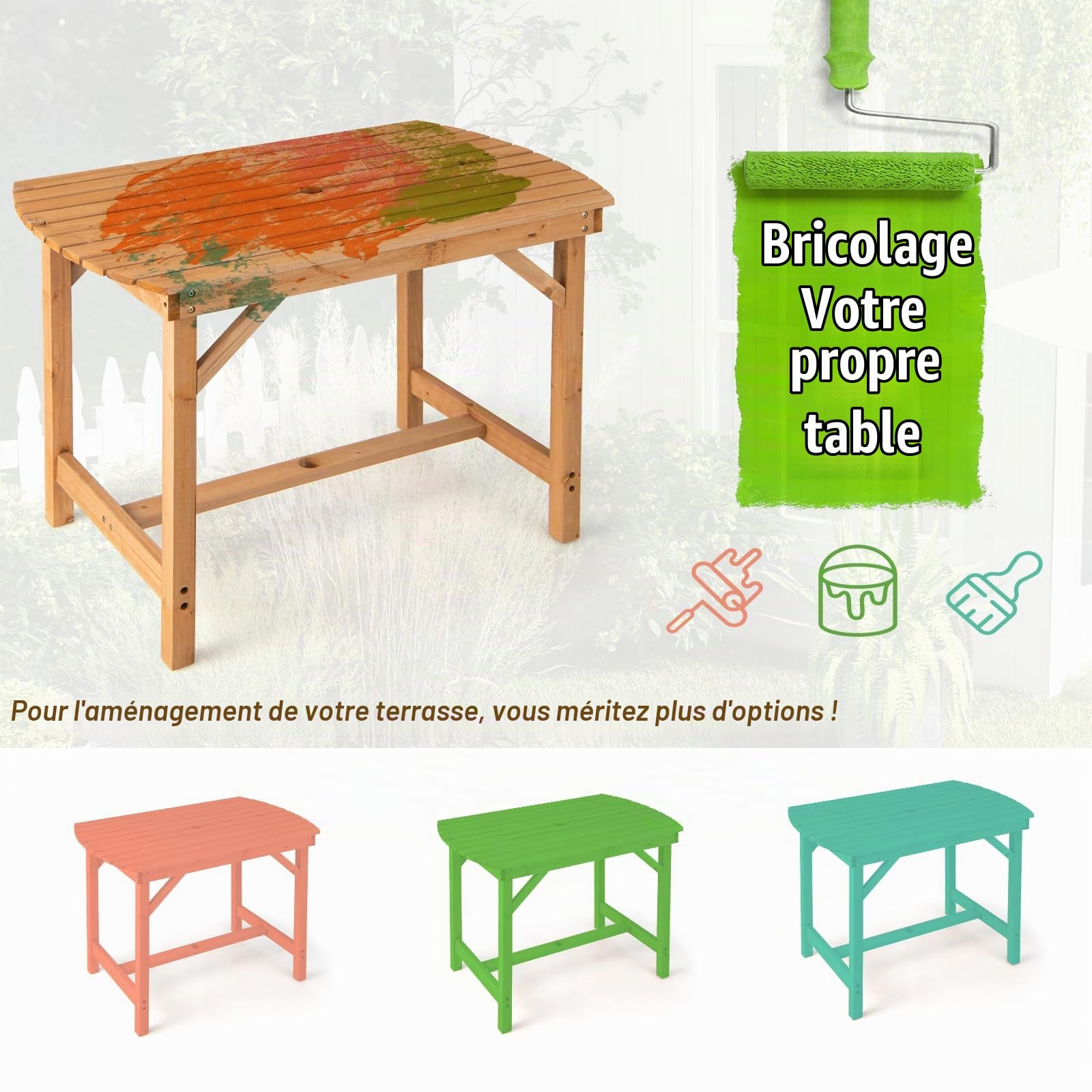 KOMFOTTEU Table de Jardin pour 4-6 Personnes, Table d’Extérieur en Bois de Sapin avec Trou de Parasol, pour Patio, Balcon,Terrasse, Charge de 180 kg, 100 x 60,5 x 75 cm, Naturel