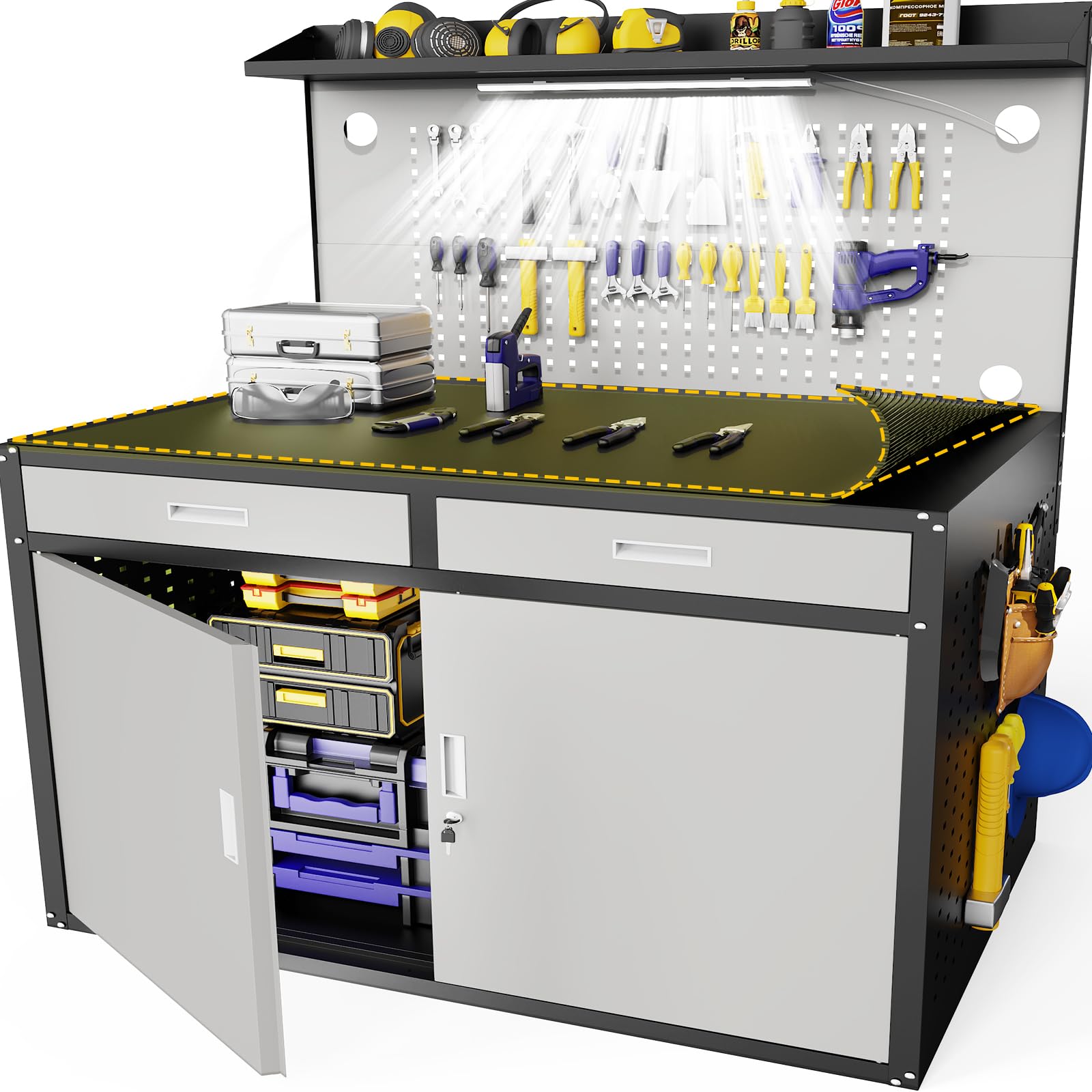 Eltean 48" Work Bench,Heavy Duty 2200 LBS Capacity Workbench with Drawers and Storage,Work Table with Light & Pegboard,Work Benches for Garage