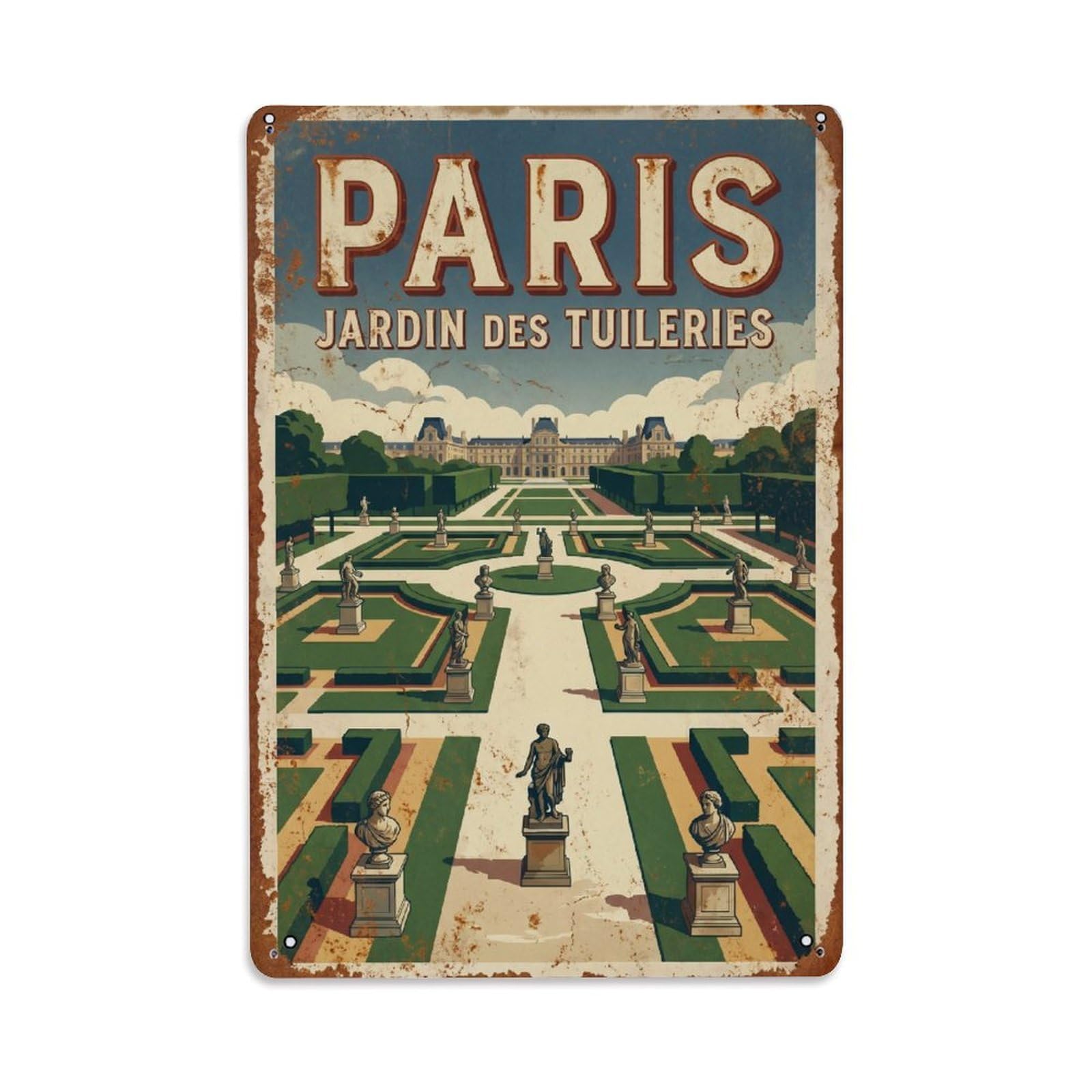 Vintage Travel Paris Tuileries Garden Rusted France Metal Tin Sign Plaque Wall Decor for Cafe, Club Bar, Office, Home Garden Metal Poster 8x12Inch