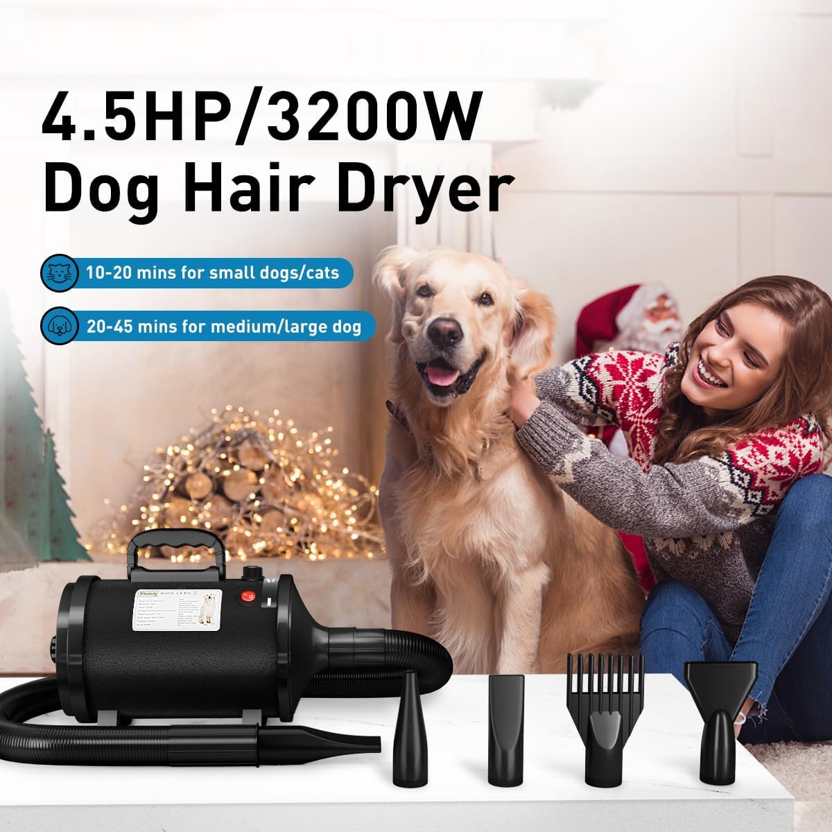 Soffiatore per Cani Blower Molto Silenzioso, 4,5 CV/3200 W, Velocità Regolabile, Ventilatore per la Cura del Cane con 4 Diversi Ugelli, Tubo Elastico e Spazzola per la Cura
