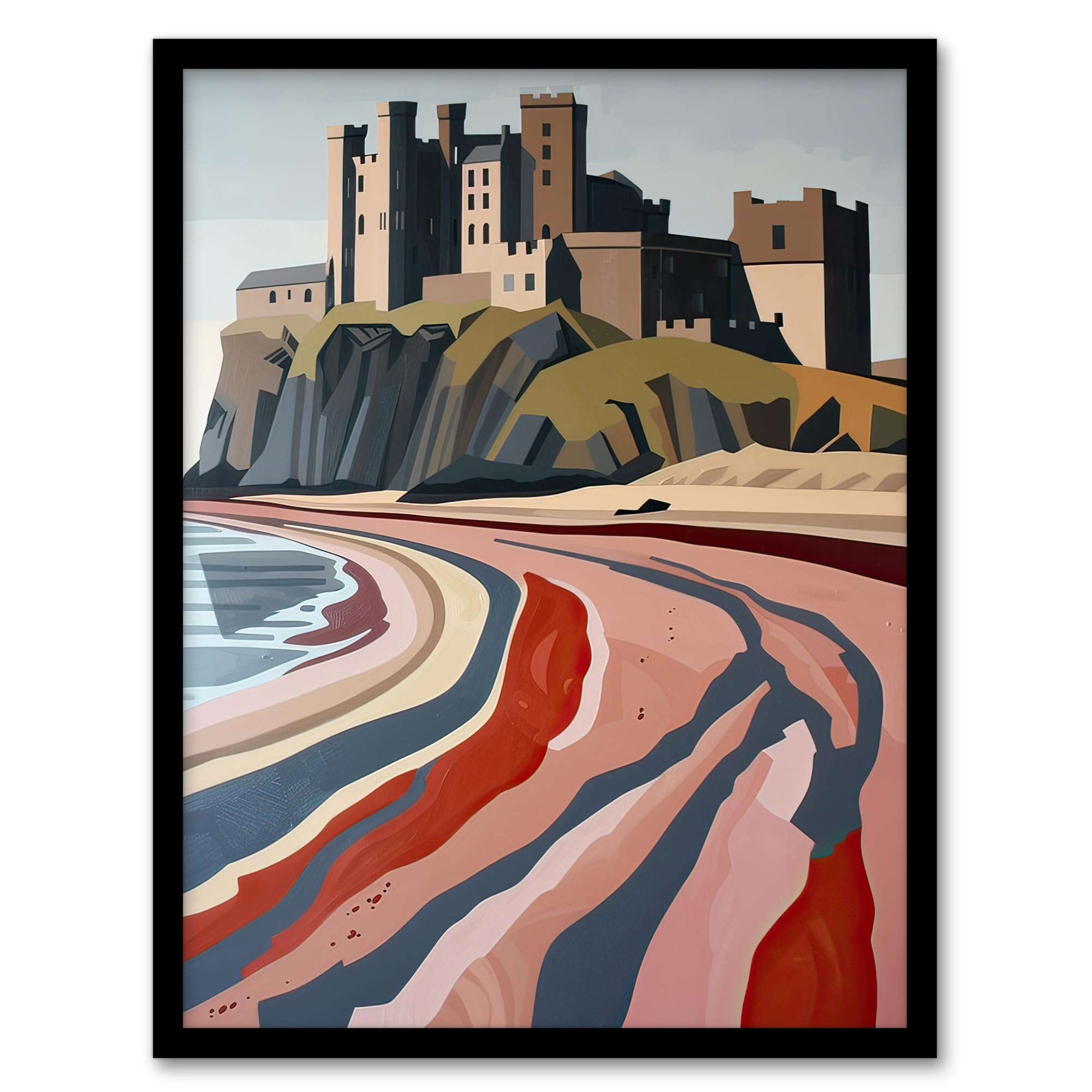 Artery8 Bamburgh Castle Block Print Artwork Northumbria Living Room Artwork Framed Wall Art Print A4