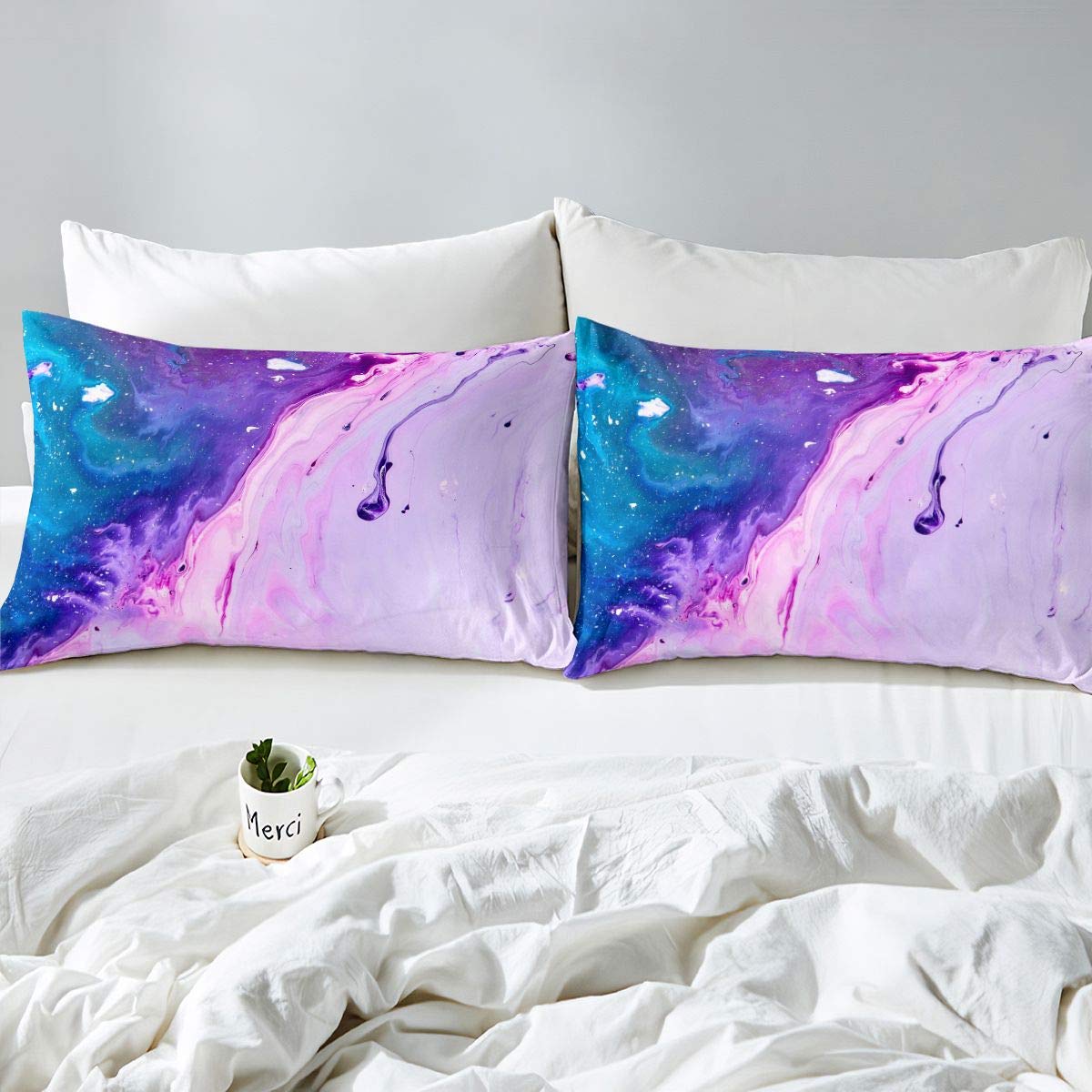 BlessLiving Set Copripiumino Singolo 3 Pezzi Per Ragazze - Motivo Marmo Ombre Rosa Blu E Viola, Microfibra Morbida, Con Federe