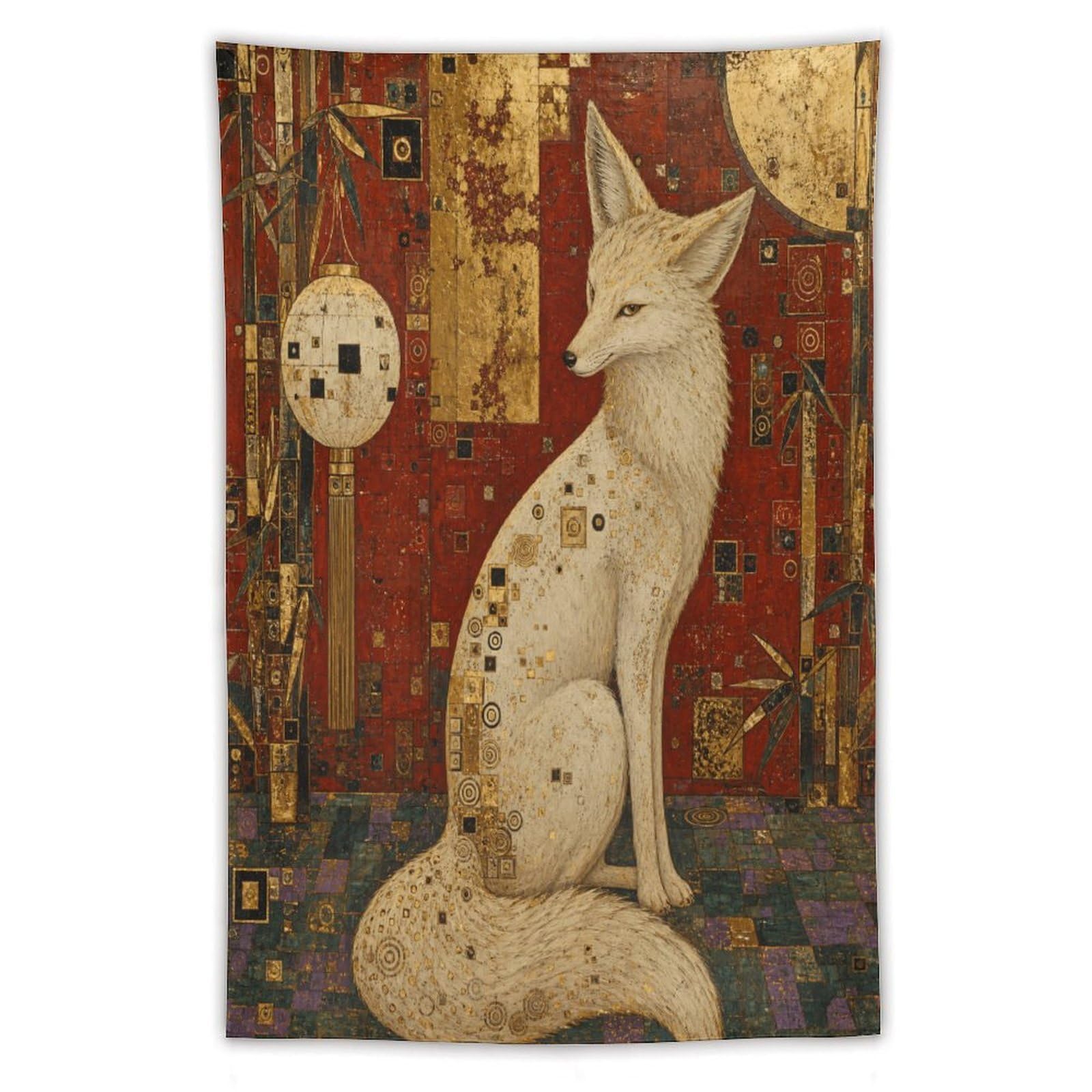 H3B8U2Y5 White fox in Ornate Room Wall Tapestry, Realistic Illustration