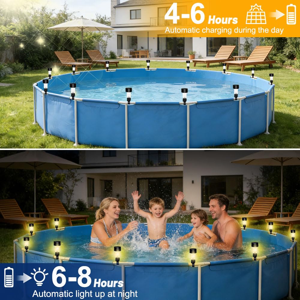 Set di 10 luci solari per piscina con fascette per cavi, illuminazione fluorescente bianca calda, 4,5 cm, per bordo piscina, recinzione, giardino, piscina, bar, decorazione per feste