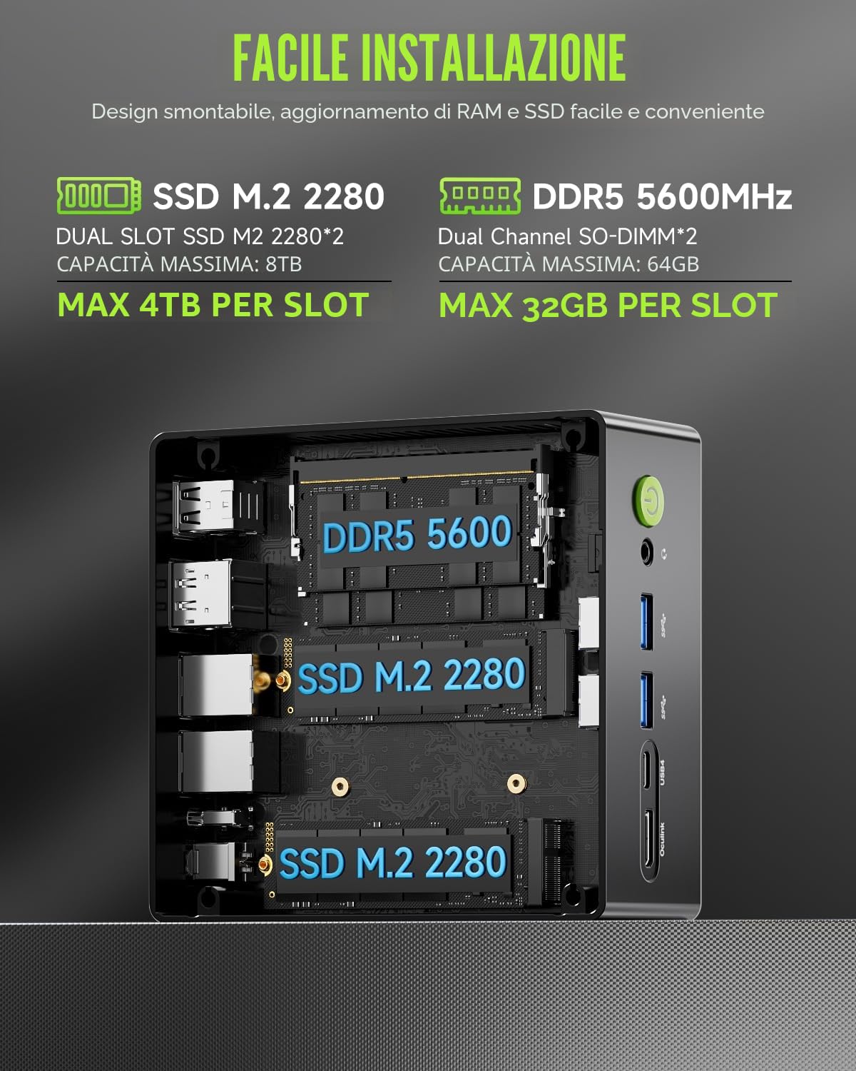 GMKtec PC da gioco, K11 AMD Ryzen 9 8945HS (8C/16T, fino a 5,2 GHz) W-11 Pro, 32 GB DDR5 RAM 1 TB Mini PC Computer desktop, Oculink, doppia NIC 2,5 GbE LAN, HDMI/DisplayPort/USB4*2