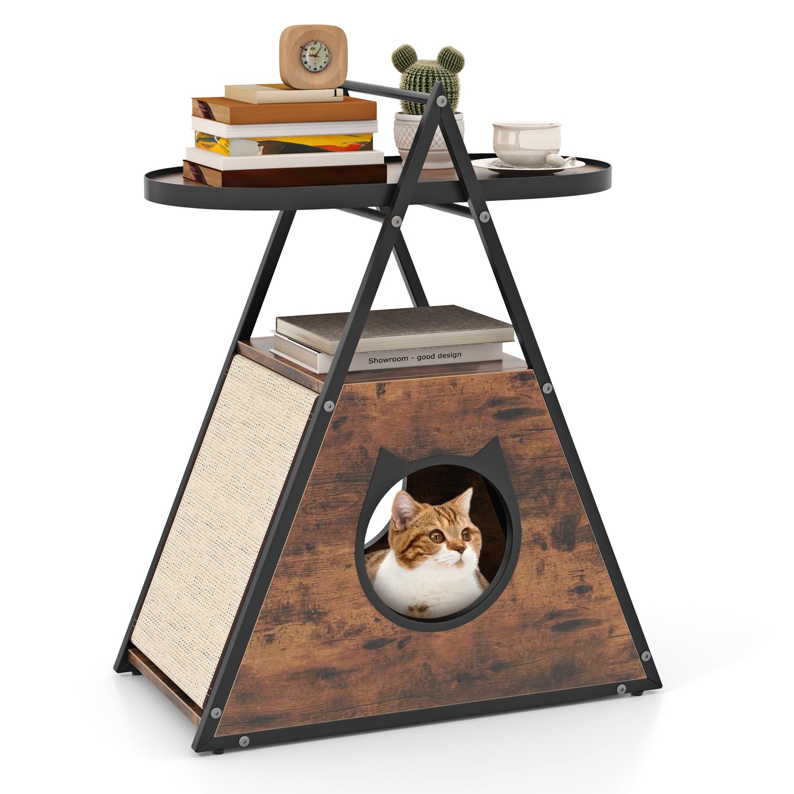 GYMAX Mesa Lateral para Gatos, Casa Oculta para Gatos 2 en 1 con Mesa de Noche, Cueva de Gato Triangular con Estante Abierto, Alfombrillas de Rascar de Sisal, Mueble para Gatos para Dormitorio y Salón