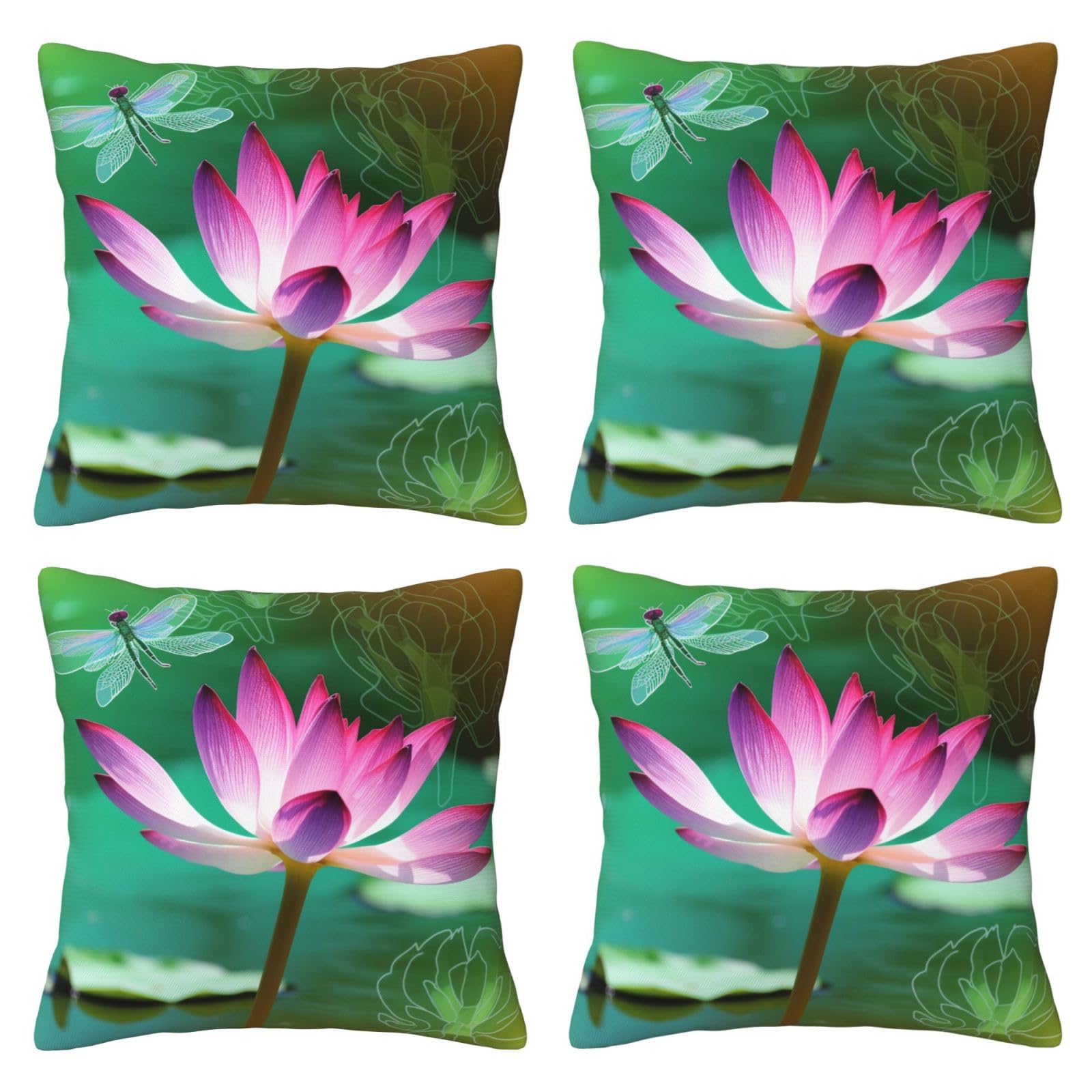 Lotus and Dragonfly Throw Pillow Cases 4 Pack Square Pillowcases Super Soft Pillow Protectors With Zipper for Couch Livingroom Sofa Bed Office Car,40x40 CM