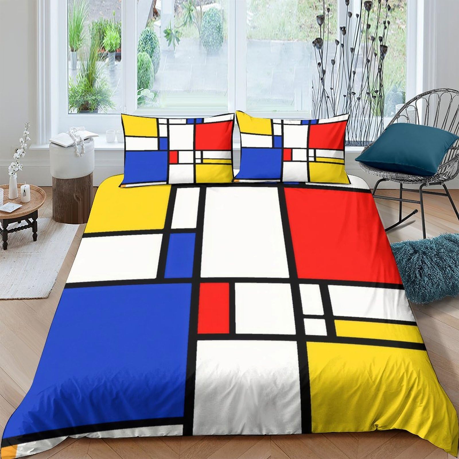Ctjqhvkz Style-6 3D Printed Mondrian Geometric Fitted Sheet Microfiber Color Block Mattress Cover For Bedroom Dorm Protective Decor, Easy Care Single（135X200cm）