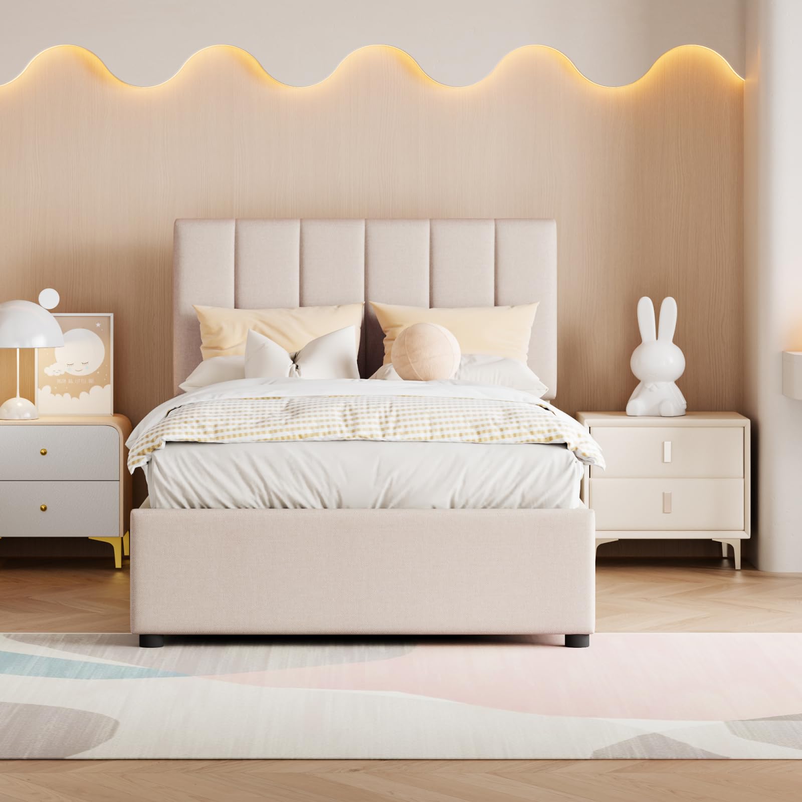 BestAlice Letto per bambini 90x200 cm, letto singolo imbottito 90x200 cm con rete a doghe, testiera regolabile, letto contenitore idraulico alto in lino beige delicato sulla pelle