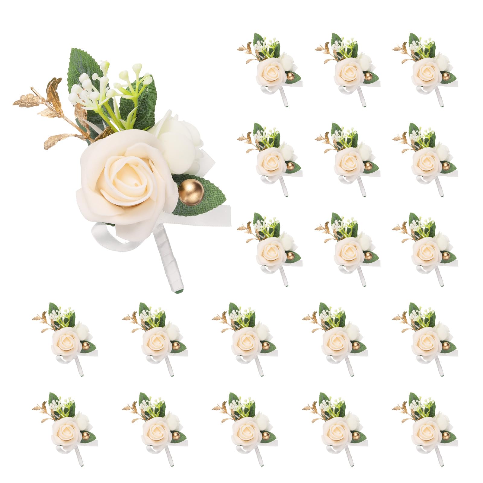 QUARKZMAN 20 Stück Champagner-Blumenanstecker für Männer, künstliche Blumenknopflöcher Taschen-Corsage mit Anstecknadeln für Hochzeit Braut Bräutigam Zeremonie Jubiläum formelle Party