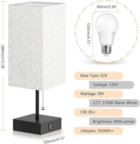 Miniatura 2 de GGOYING Lámpara de mesita de noche, lámpara de dormitorio con cadena de tracción con puertos de carga USB C+A, bombilla LED de 2700 K, pantalla de