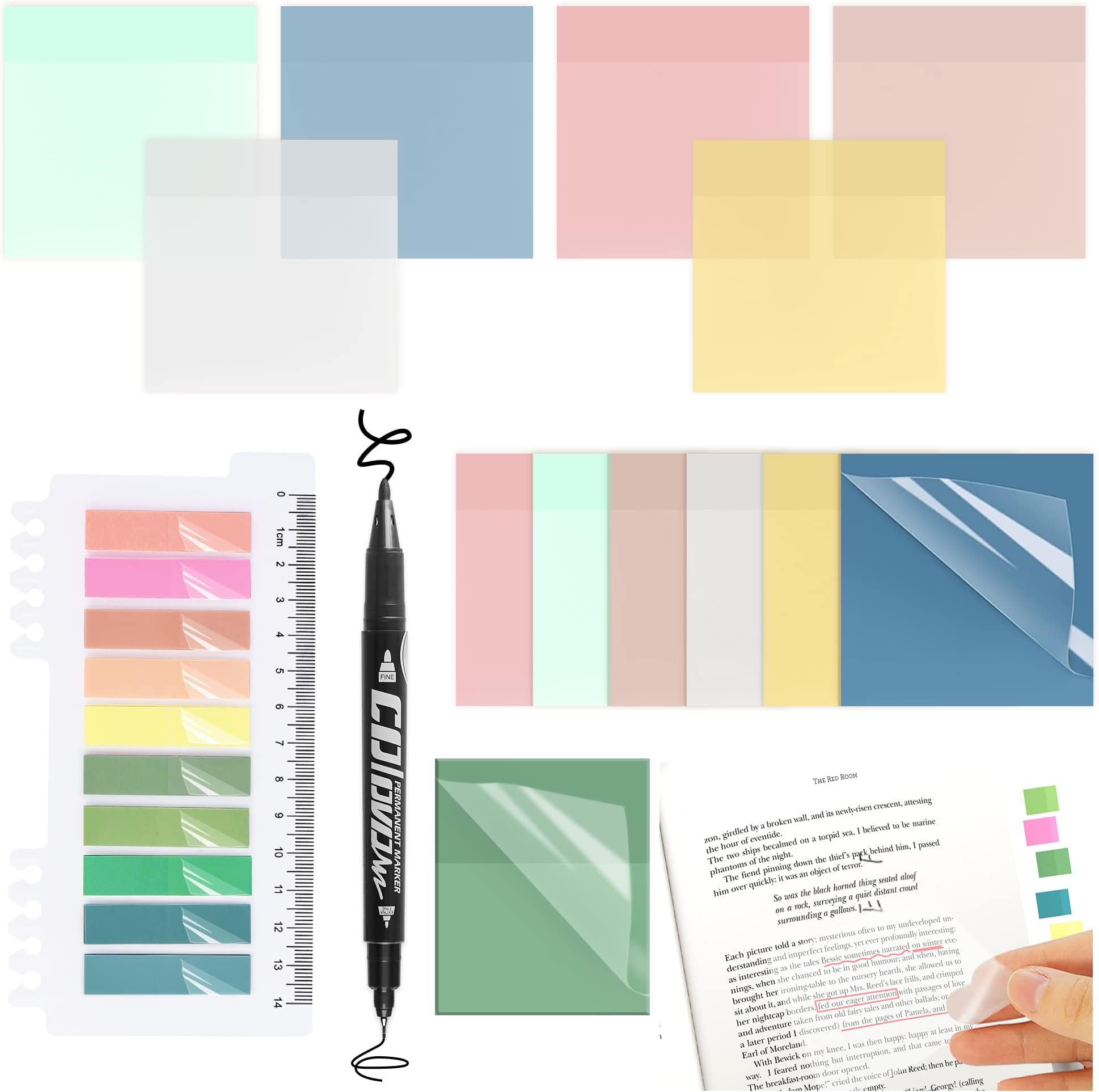 XURISEN 3 * 3" Transparent Sticky Notes,9 Pack Clear Sticky Notes with Marker, Translucent Sticky Note Pads for Book Notes Highlights, Clean Removal