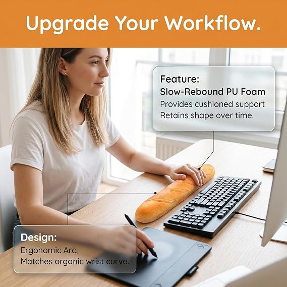 MAGICLULU Baguette Bread Keyboard Wrist Rest, 13.7 Soft Slow Rebound Realistic French Loaf Prop, Funny Ergonomic Wrist Support for Typing, Office Desk Decor & Bakery Photography Display