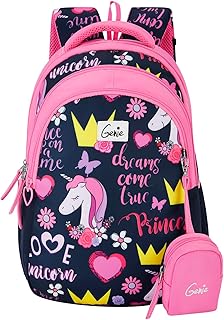 Genie Unicorn School Backpack for Girls |15 In-20 Ltr with Three Compartments,Side Pockets and Light Weight with Padded Sh...