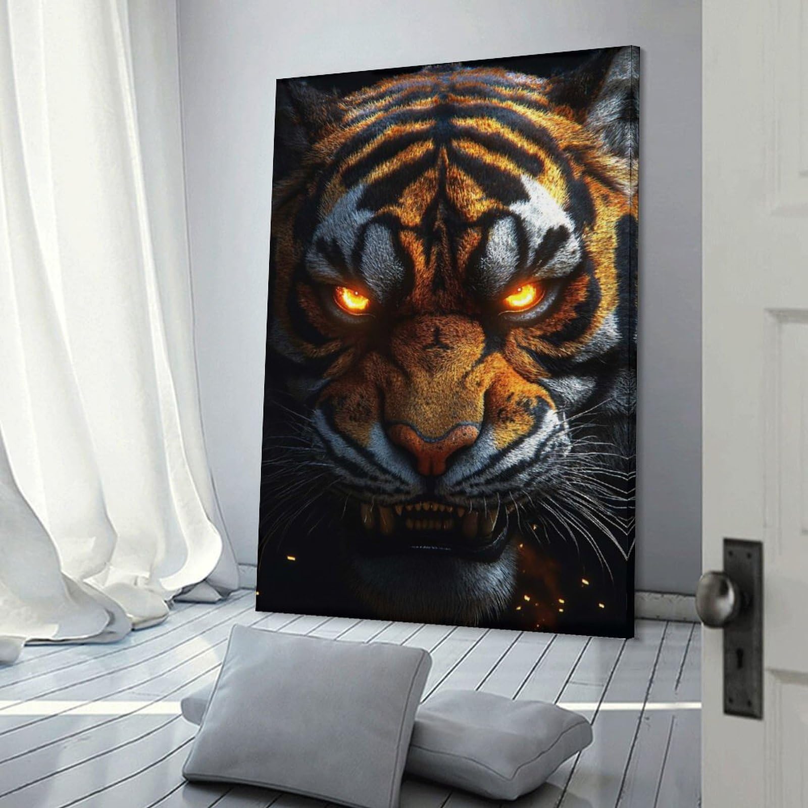 Junmoney Intense Tiger Portrait with Glowing Eyes Canvas Wall Decor 12x18inch(30x45cm), for Home Lounge, Bedroom Or Reading Nook, A Home Accent with Warm Character