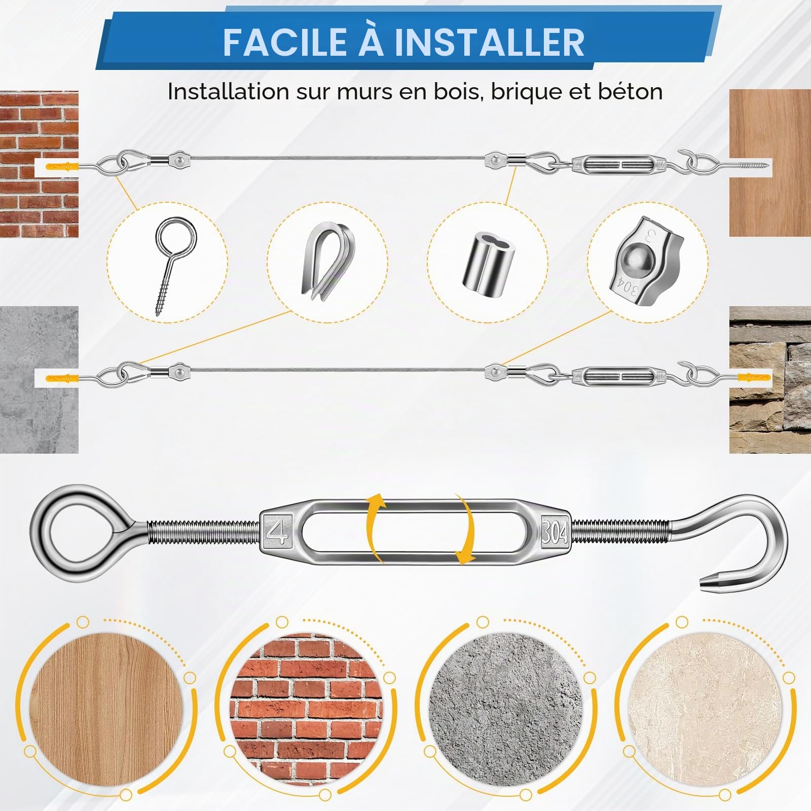 Kit de câble métallique de 50m/2mm,304 Cable Acier Inoxydable de PVC,Suspension de Guirlandes lumineuses en Extérieur,Treillis Plante Grimpante,Corde à Linge,Clôture,Cable Suspendre Kit