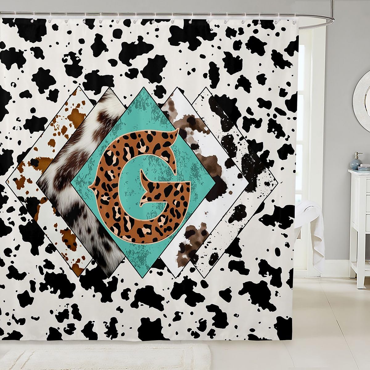 Rideau de douche lettre G taille L léopard monogramme alphabet imprimé cuir de vache rideau de bain pour adultes design rustique rétro rideaux de bain imperméables avec 12 crochets pour baignoire