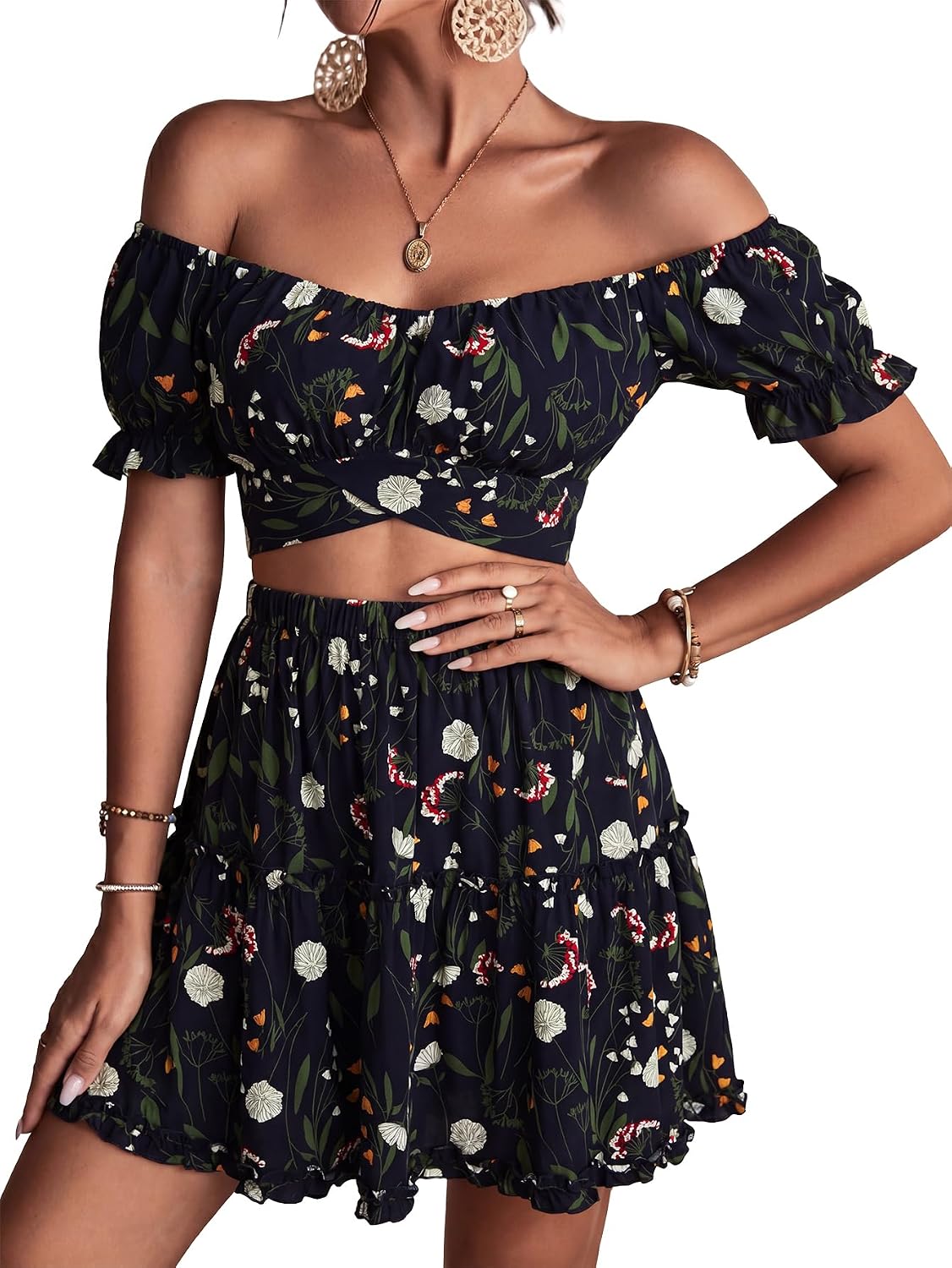 Condition photo showing As Is for lyaner women's 2 piece outfits floral off shoulder tie up crop top and mini skirt set medium flowers navy blue