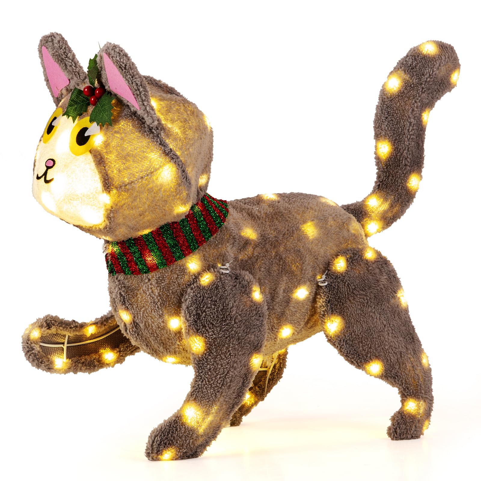 Tangkula 23 Inches Christmas Decoration, Pre-lit 88 LED Light Up 3D Cute Cat with Warm White Light and Plug, Indoor and Outdoor Decoration with Grounds Stakes for Holiday Party Garden Lawn