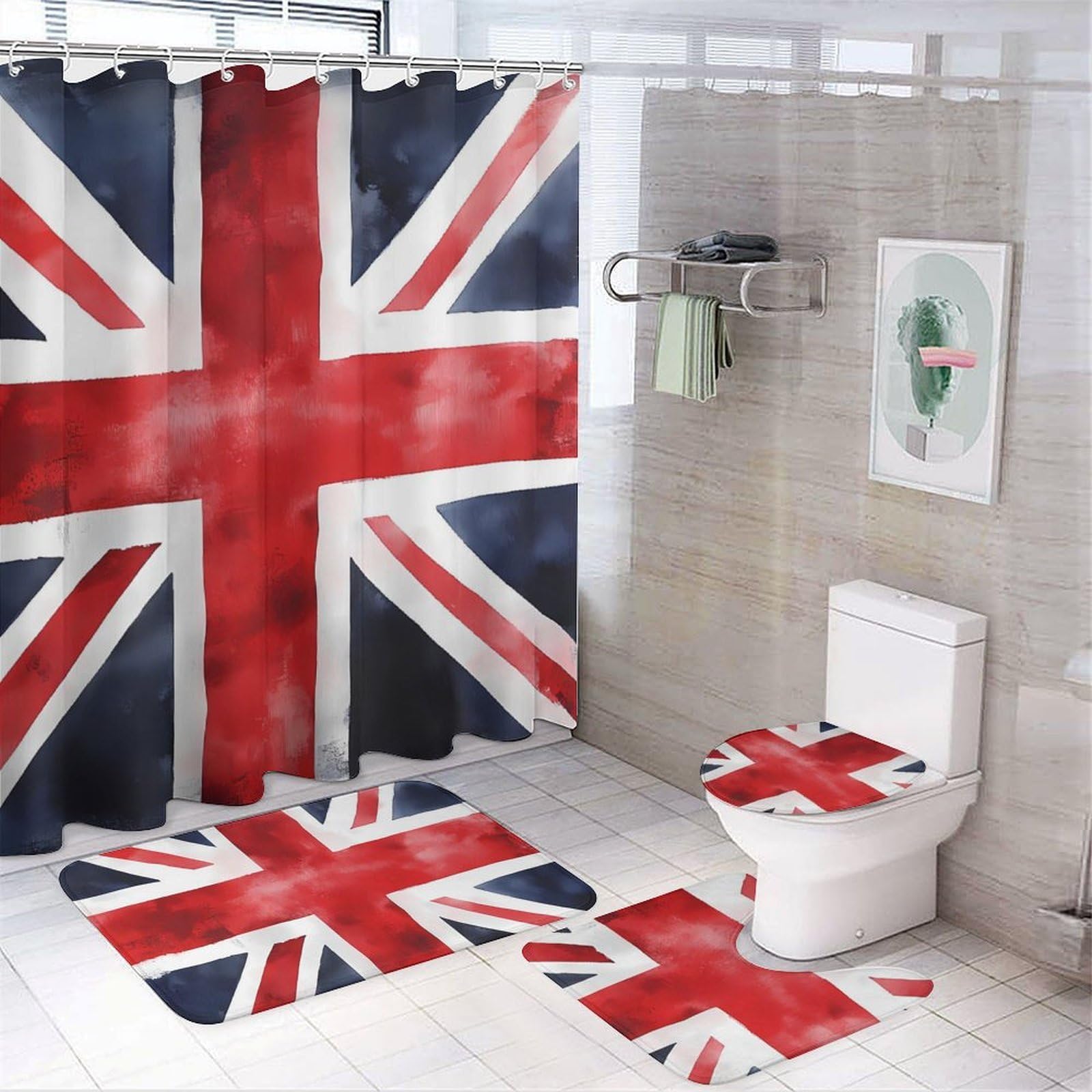 CGSBNGHA Union Jack British UK Flag Watercolor Shower Curtain Set 4 Piece Bathroom Sets with Rugs Toilet Lid Cover And U-Shaped Floor Mat