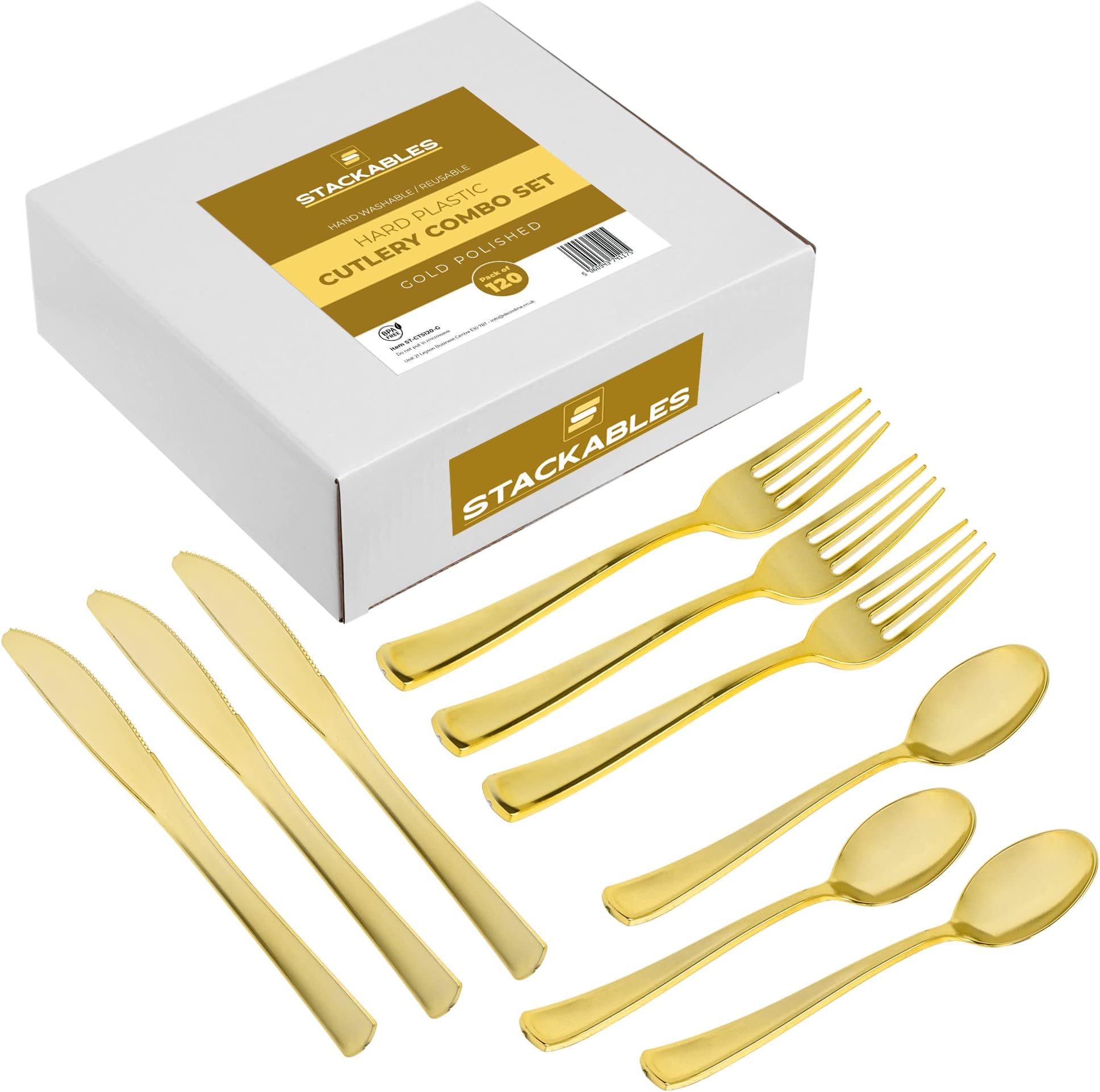 120 Pieces Reusable Gold Plastic Cutlery: Spoons, Forks, Knives