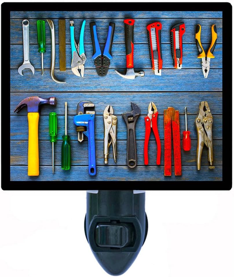 Tools Night Light – Hand Tools Workshop Decor, Hammer Wrench Screwdriver Pliers Design – Includes Free Switchable Insert