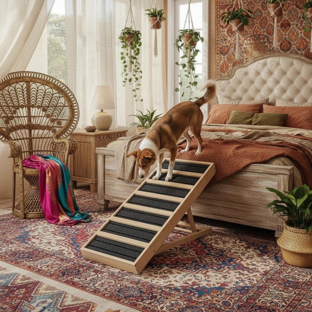 Adjustable Wooden Dog Ramp for Bed and Couch – 39″ Folding Pet Ramp with 4 Heights and Non-Slip Safety Rails for 132lbs Small, Medium, and Senior Dogs