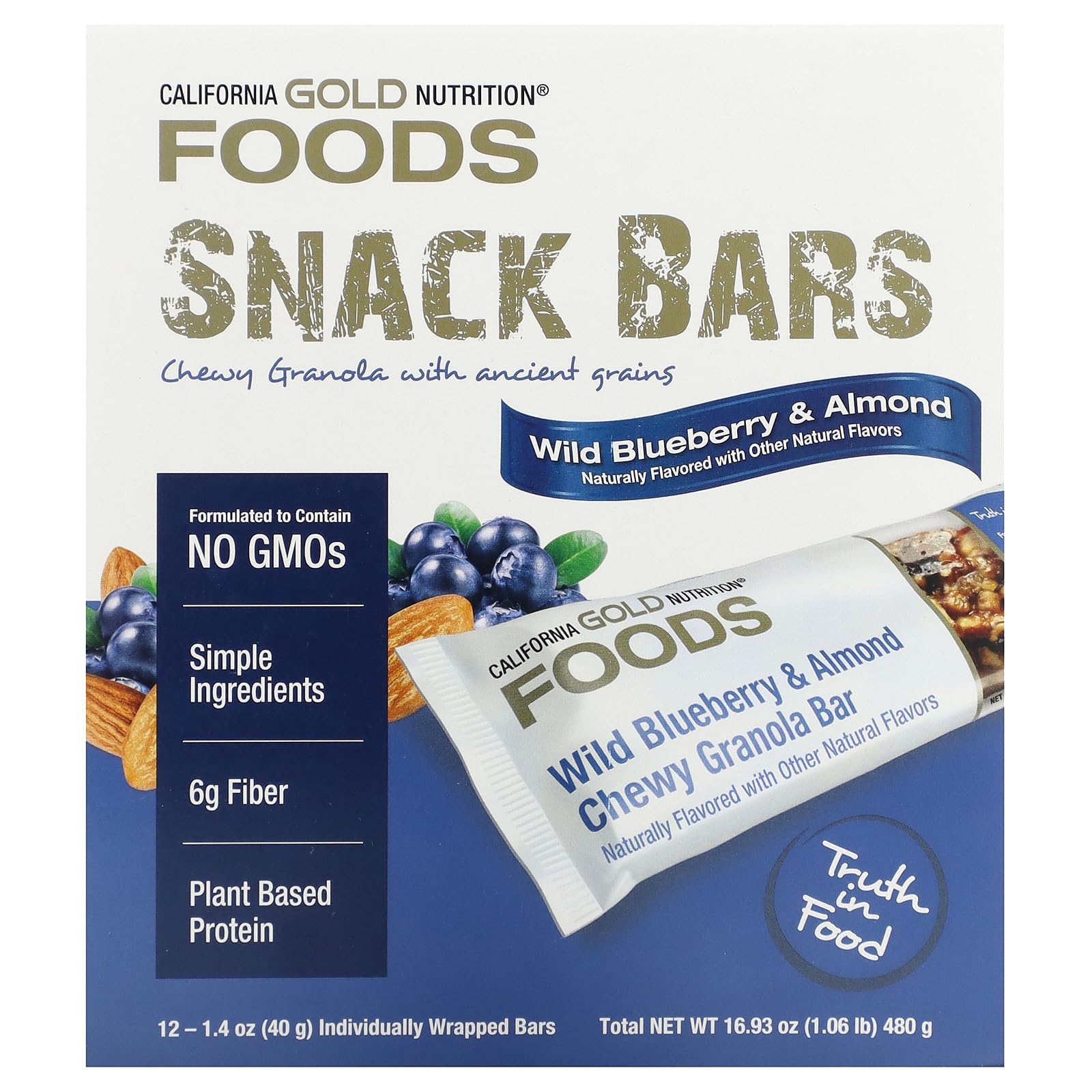 California Gold Nutrition Foods, Barras de granola masticables de arándanos silvestres y almendras, 12 barras, 40 g cada una