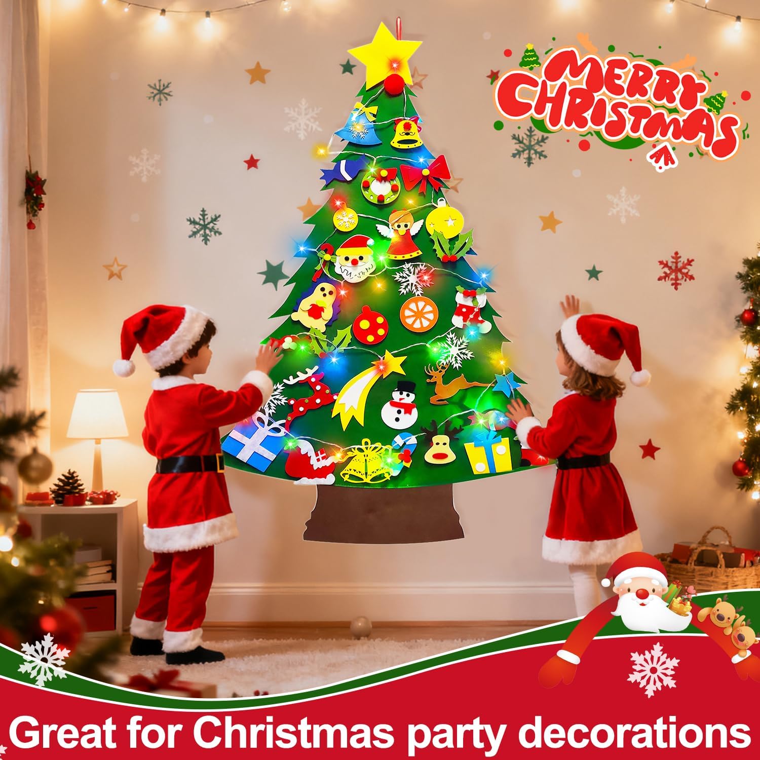 3.7 Ft Felt Christmas Tree for Toddlers, Stocking Stuffers for Kids with Colorful Lights 34 Ornaments Xmas Gifts for Grandkids Boys Girls New Year Supplies Wall Hanging Christmas Party Decorations
