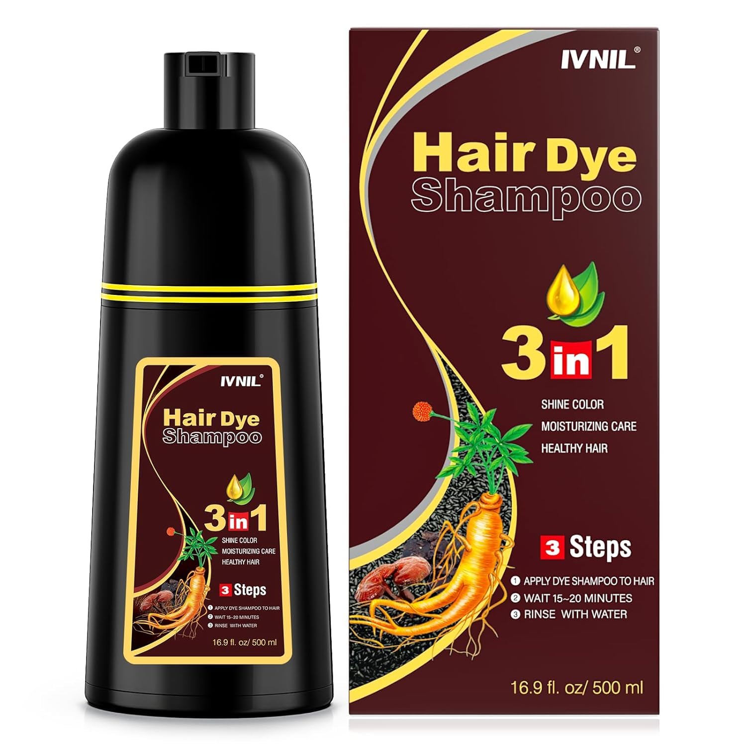 Ivnil Brown Hair Dye Shampoo Gray Hair Coverage Champu Con Tinte Para Canas Hair Color Herbal 3 in 1 Men and Women,Instant Coloring in Minutes (Brown