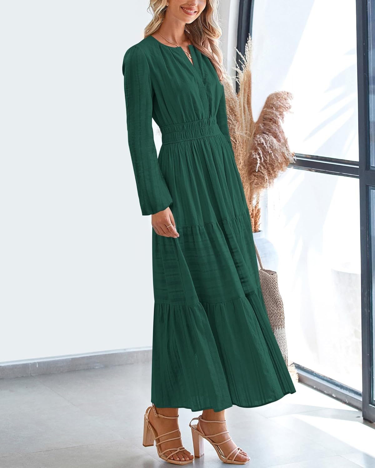 BTFBM Spring Dresses for Women 2026 Casual Long Sleeve V Neck Elastic Waist Lightweight Maxi Wedding Guest Dress Pockets - Image 6