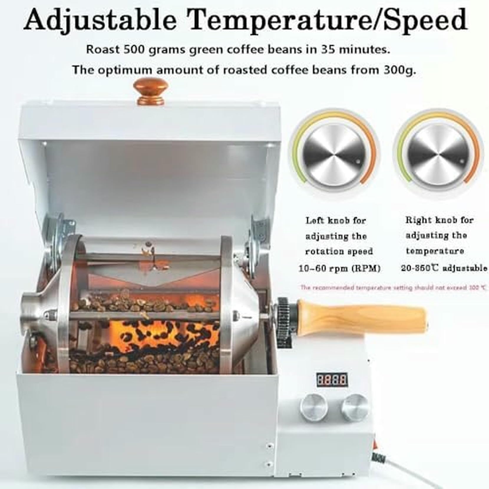 Tostadore Elettrico per caffè, 1200W, Termometro, Tamburo di Vetro al Quarzo, Temperatura E velocità Regolabili per Tostare caffè E Arachidi