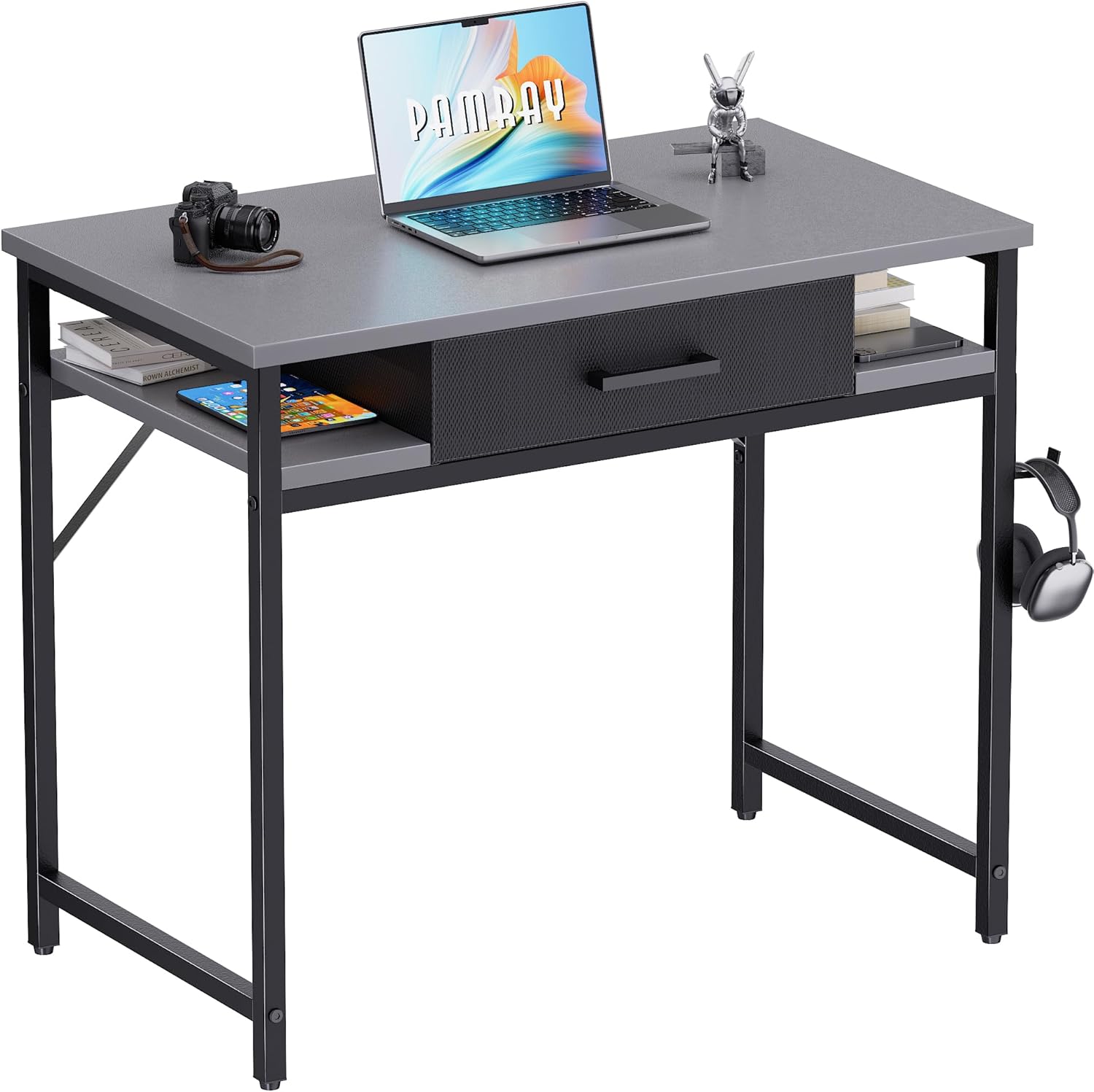Pamray 32 Inch Small Computer Desk with Drawer and Shelves Simple Study Work Table for Bedroom Orange