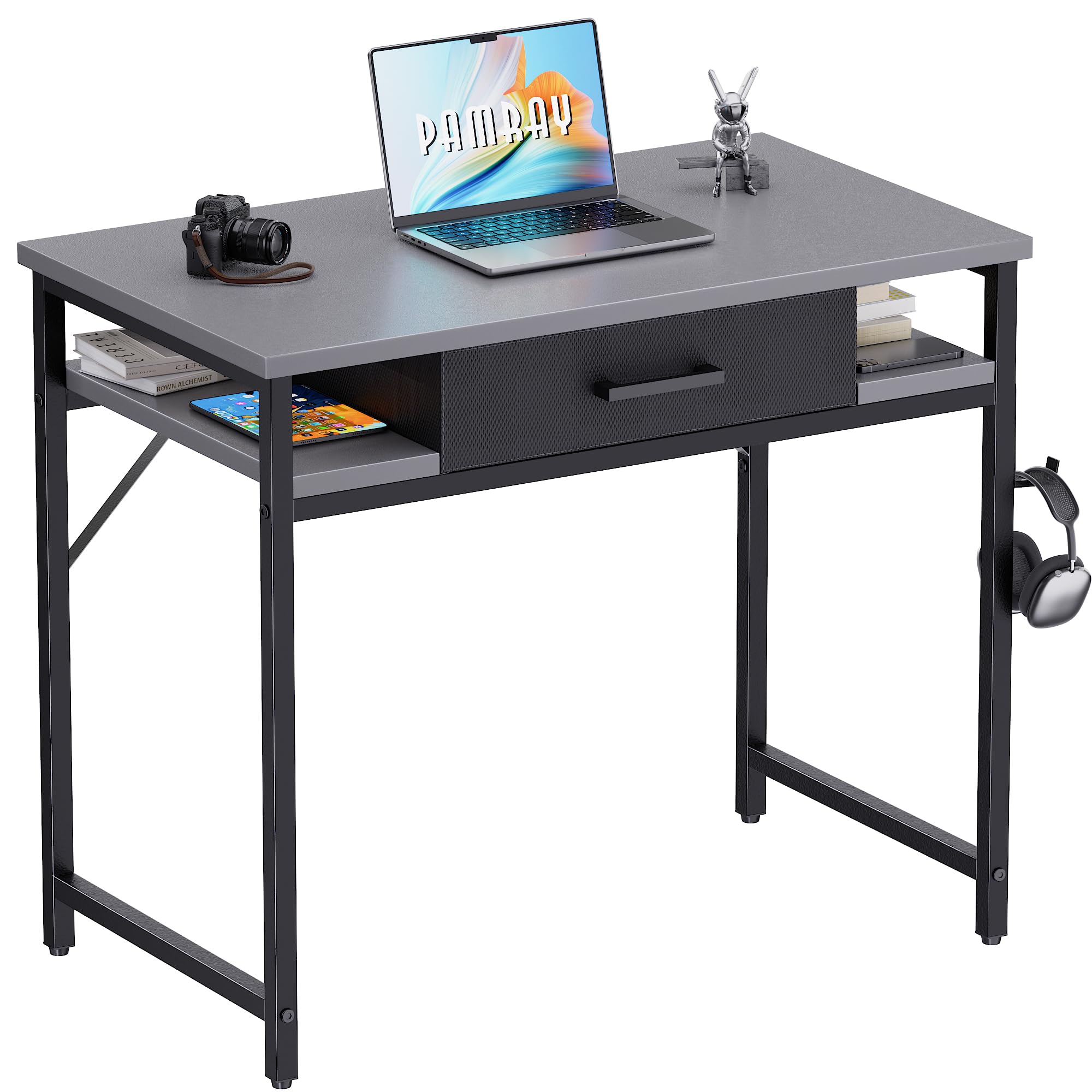 Bureau d'ordinateur 80 cm gris table de travail compacte avec tiroir