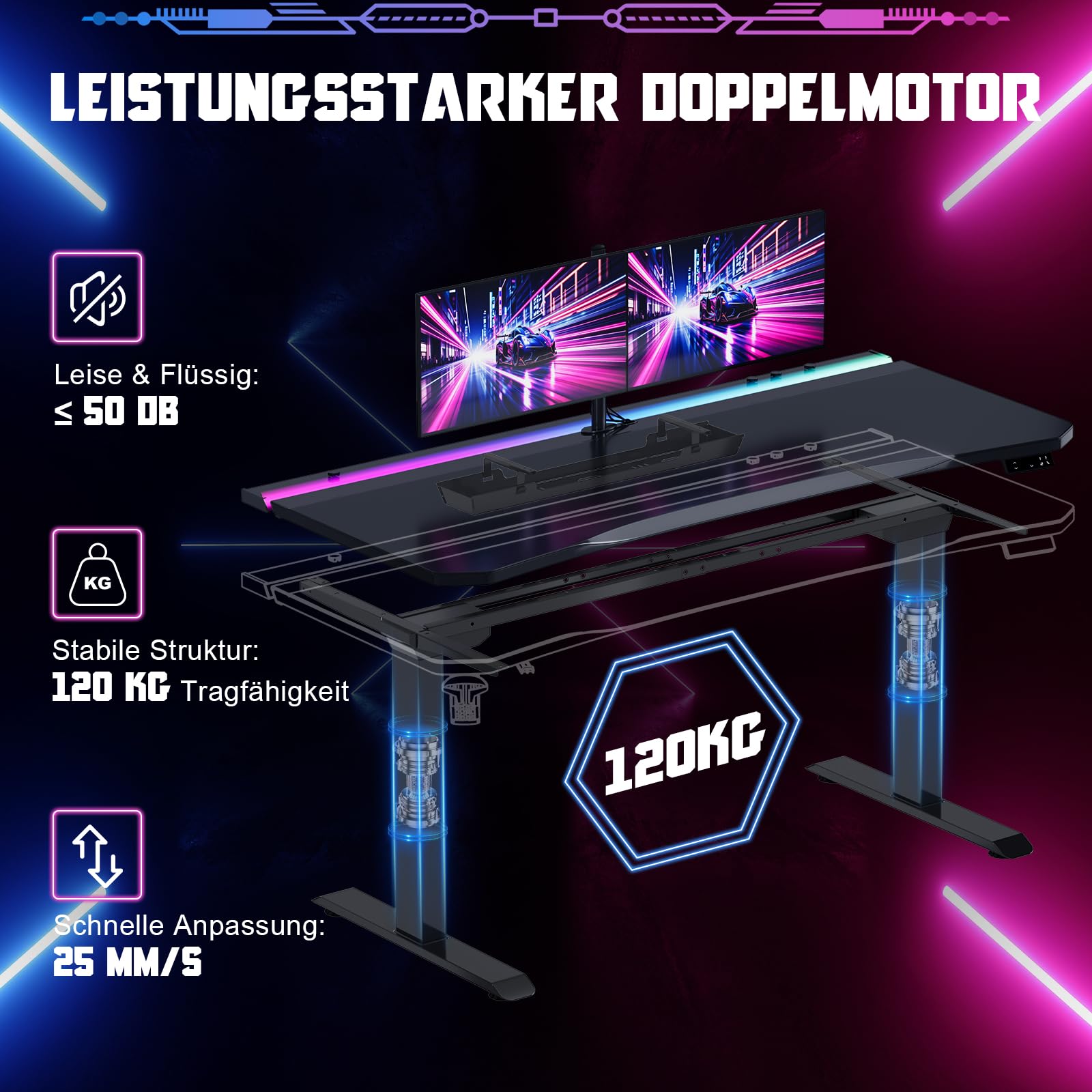 Devoko Höhenverstellbarer Schreibtisch,160x70cm Gaming Schreibtisch mit 20 mm Dicker hautfreundlicher Tischplatte,Dual-Motor Leiser Stehschreibtisch mit LED Lichtleiste & Kabelmanagement