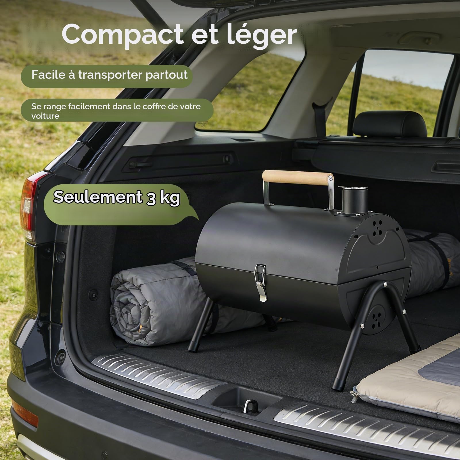 Barbecue portable de camping, barbecue tambour d'extérieur, idéal pour la plage, le camping-car, le jardin et les fêtes. Noir, avec 1 plateau de cuisson et 2 grilles