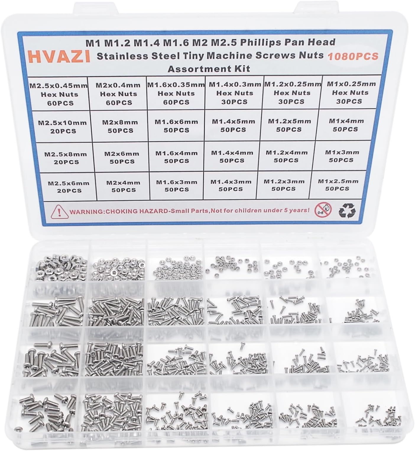 Metric M1 M1.2 M1.4 M1.6 M2 M2.5 304 Stainless Steel Phillips Pan Head Tiny Machine Screws Nuts Assortment Kit