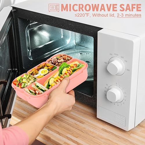 Vista 40 de Lonchera Bento para adultos, recipientes para niños y niñas con 4 compartimentos, contenedor de alimentos con utensilios, tarro de salsa, forros