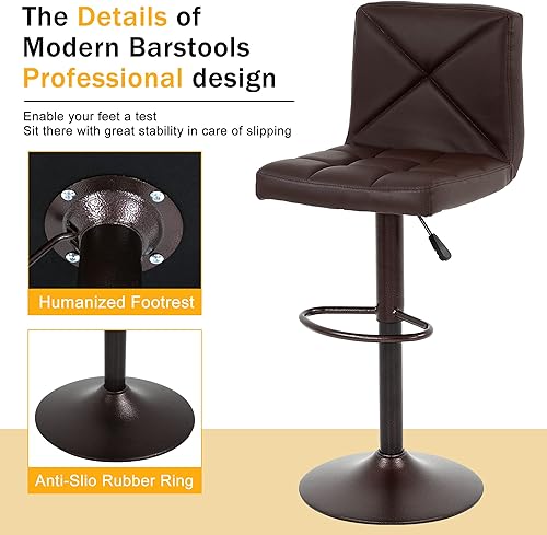 Miniatura 3 de Juego de 2 taburetes de bar cuadrados de piel sintética ajustables en altura con respaldo sillas giratorias hidráulicas sin brazos para encimera de