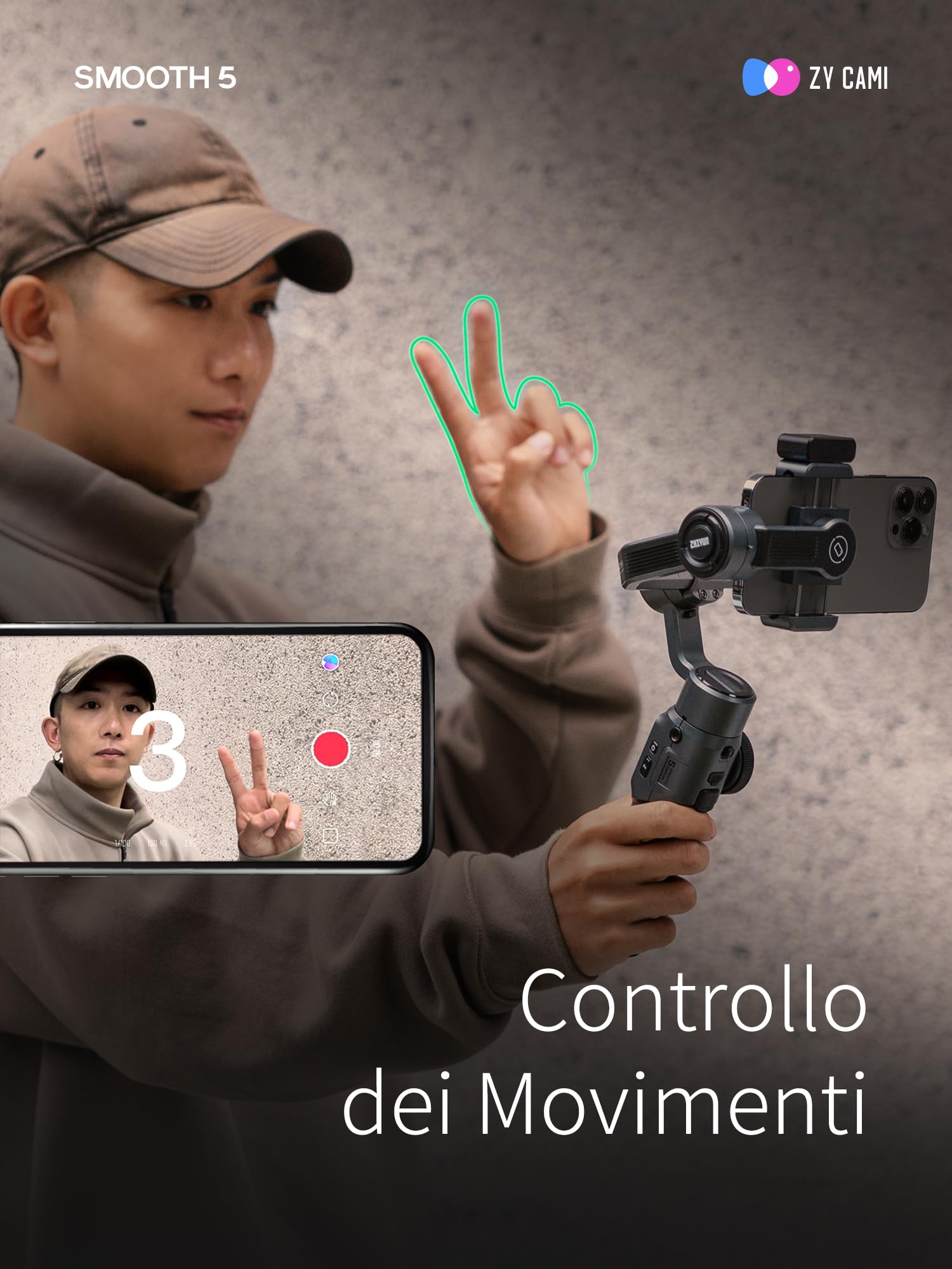 ZHIYUN Smooth 5 Combo [Ufficiale] Stabilizzatore Smartphone a 3 assi, Telefono Gimbal per iPhone e Android, con Treppiede, Borsa, 2 Luci 300lm e Zoom per Vlog, Youtube e TikTok