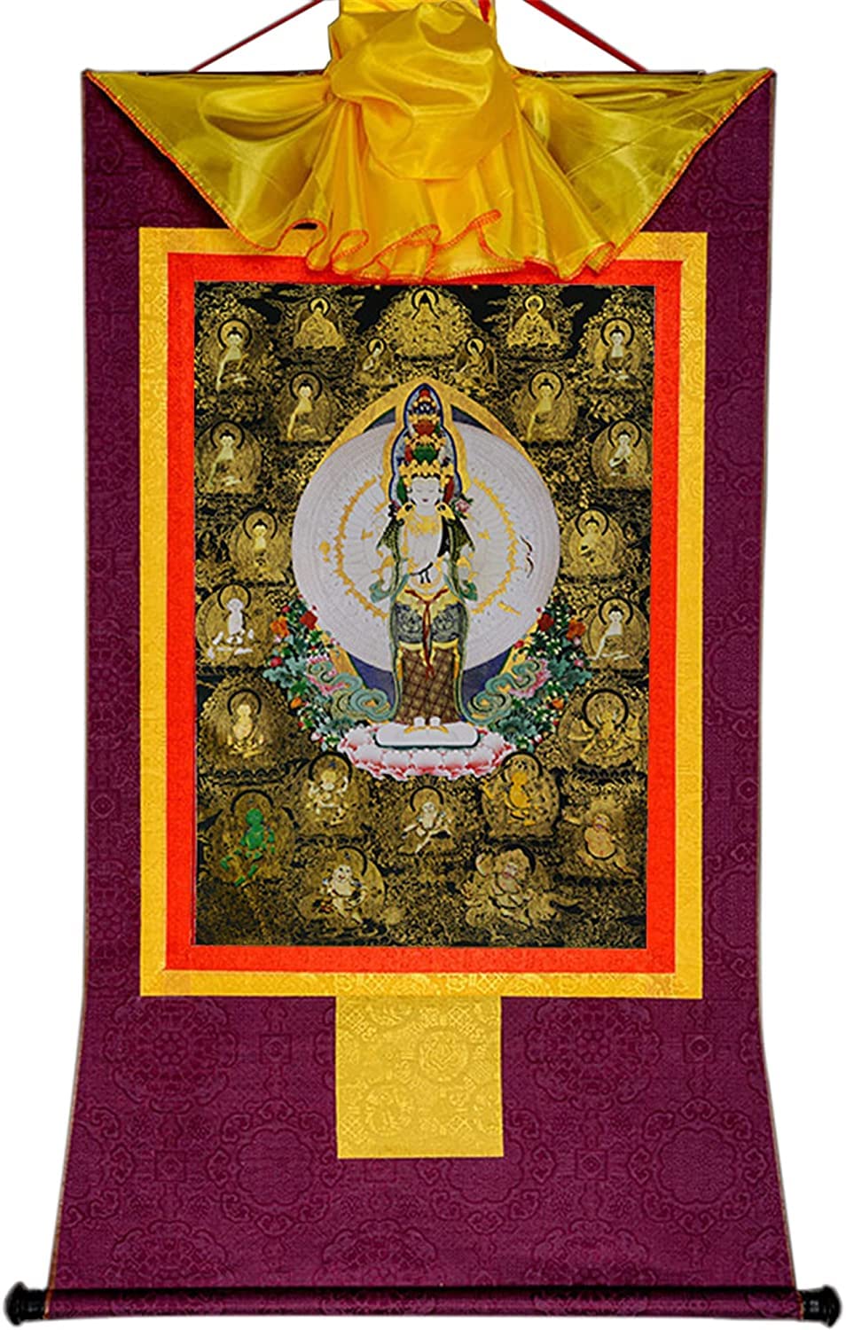Gobelin Thangka, buddyjska statua malarstwa Buddy, gobelin Buddy ze zwojem, tysiąc uzbrojonych awokitesvara, Padmapani, tybetańska statua Buddy malarstwa sztuki, gobelin Buddy ze zwojem, czarny