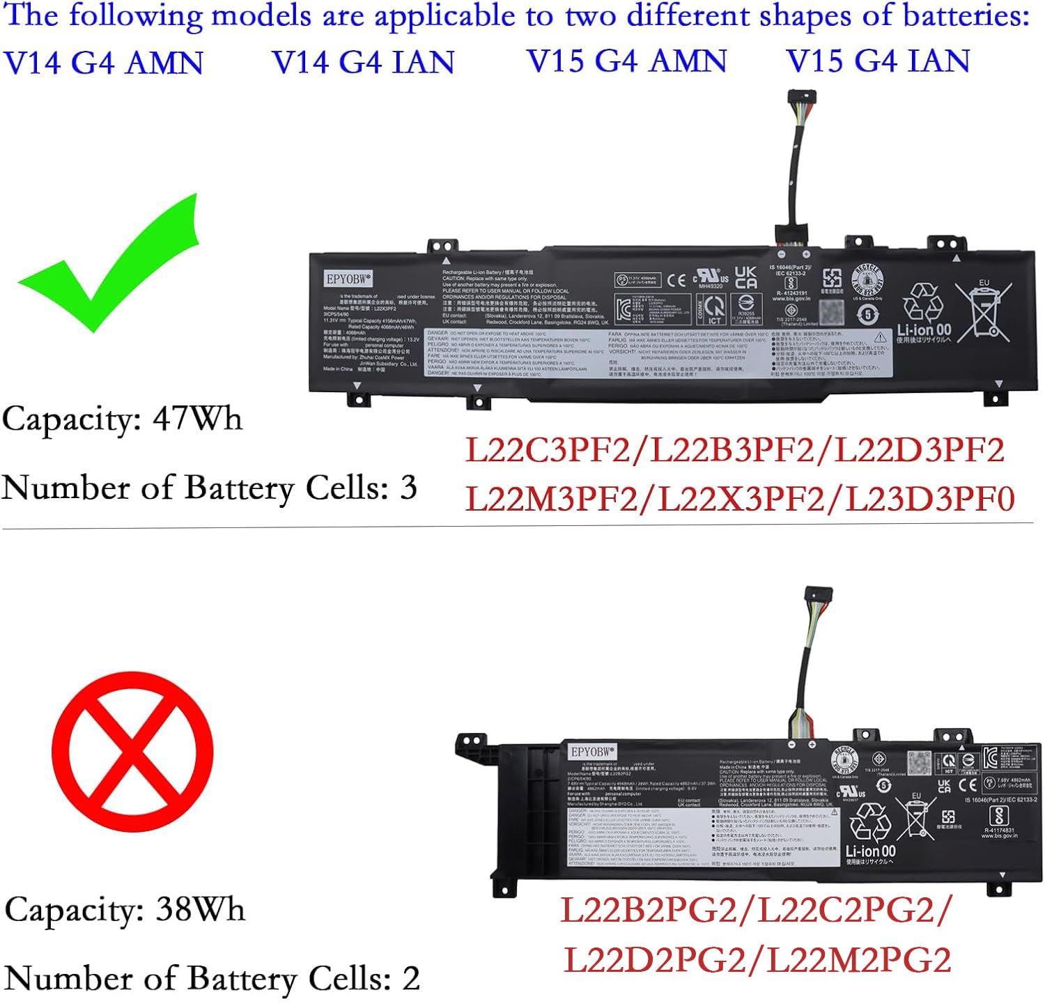 Amazon.com: EPYOBW L22D3PF2 Laptop Battery 47Wh 4156mAh 11.31V
