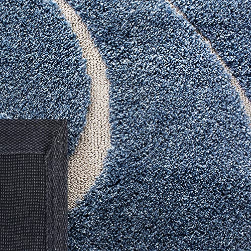 Image of Geometric Wave Shaggy Rectangular Carpet For Living Room,Bedroom,High Low Design Finish Microfiber 1.8 Inch Pile High,6X9 Feet Royal Blue|Ivory Color