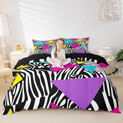 Miniatura 3 de Juego de funda de edredón retro de los años 80 y 90 para hombres y niños, tamaño matrimonial, con formas geométricas redondas triangulares, funda de